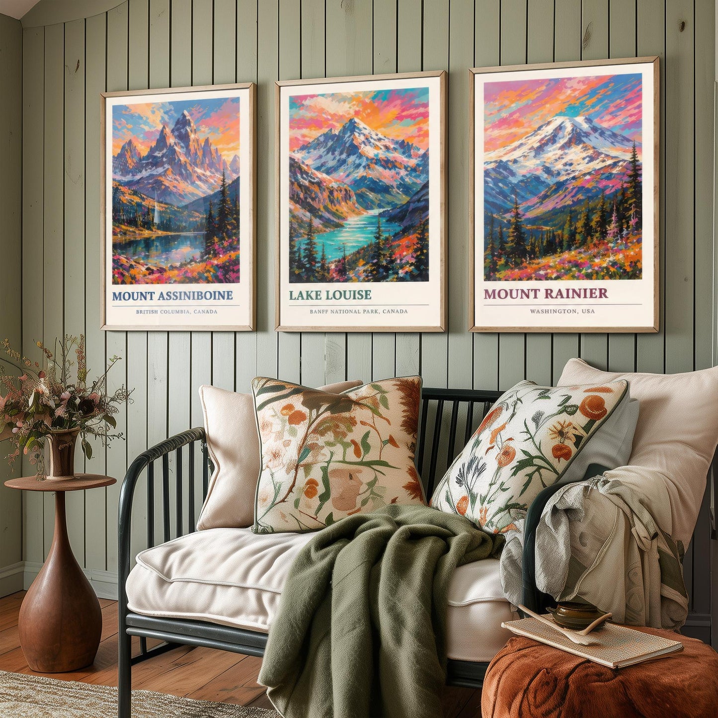 Set of Three Art Prints North American Peaks - Mount Assiniboine, Lake Louise, Mount Rainier - Mountain Poster Painting Travel Gift