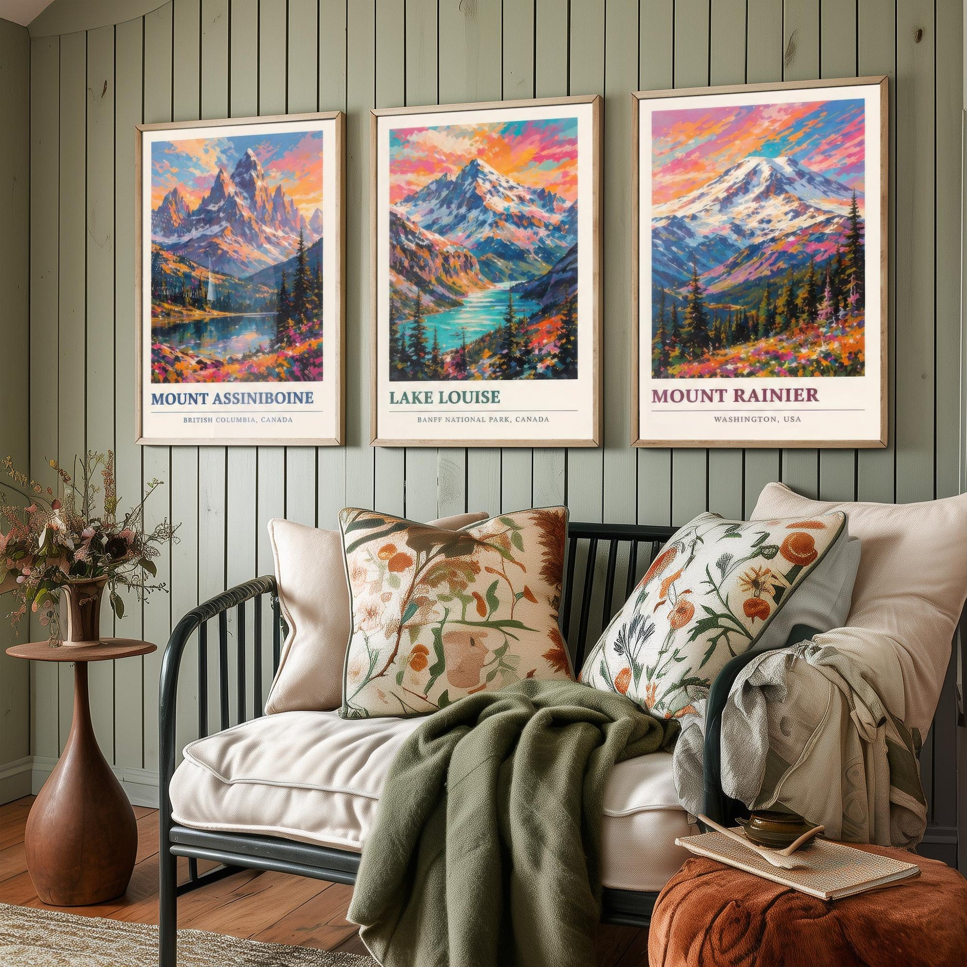 Set of Three Art Prints North American Peaks - Mount Assiniboine, Lake Louise, Mount Rainier - Mountain Poster Painting Travel Gift