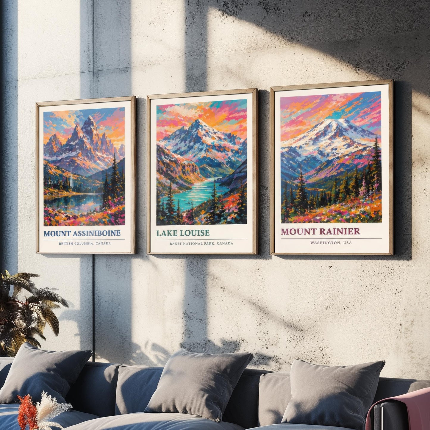 Set of Three Art Prints North American Peaks - Mount Assiniboine, Lake Louise, Mount Rainier - Mountain Poster Painting Travel Gift