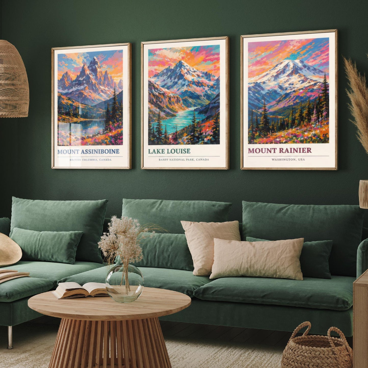 Set of Three Art Prints North American Peaks - Mount Assiniboine, Lake Louise, Mount Rainier - Mountain Poster Painting Travel Gift