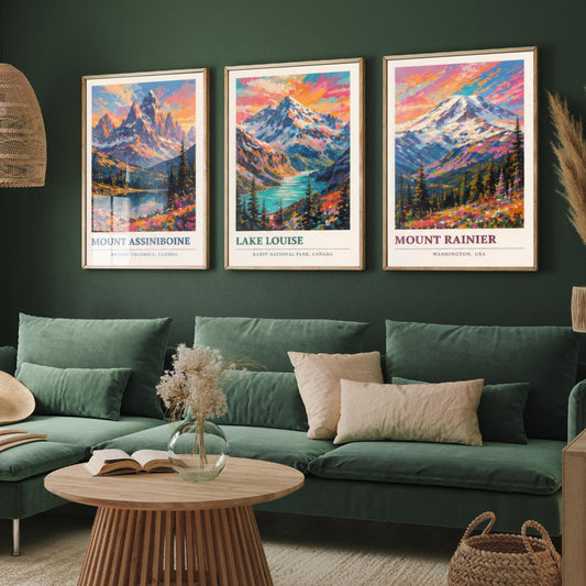 Set of Three Art Prints North American Peaks - Mount Assiniboine, Lake Louise, Mount Rainier - Mountain Poster Painting Travel Gift