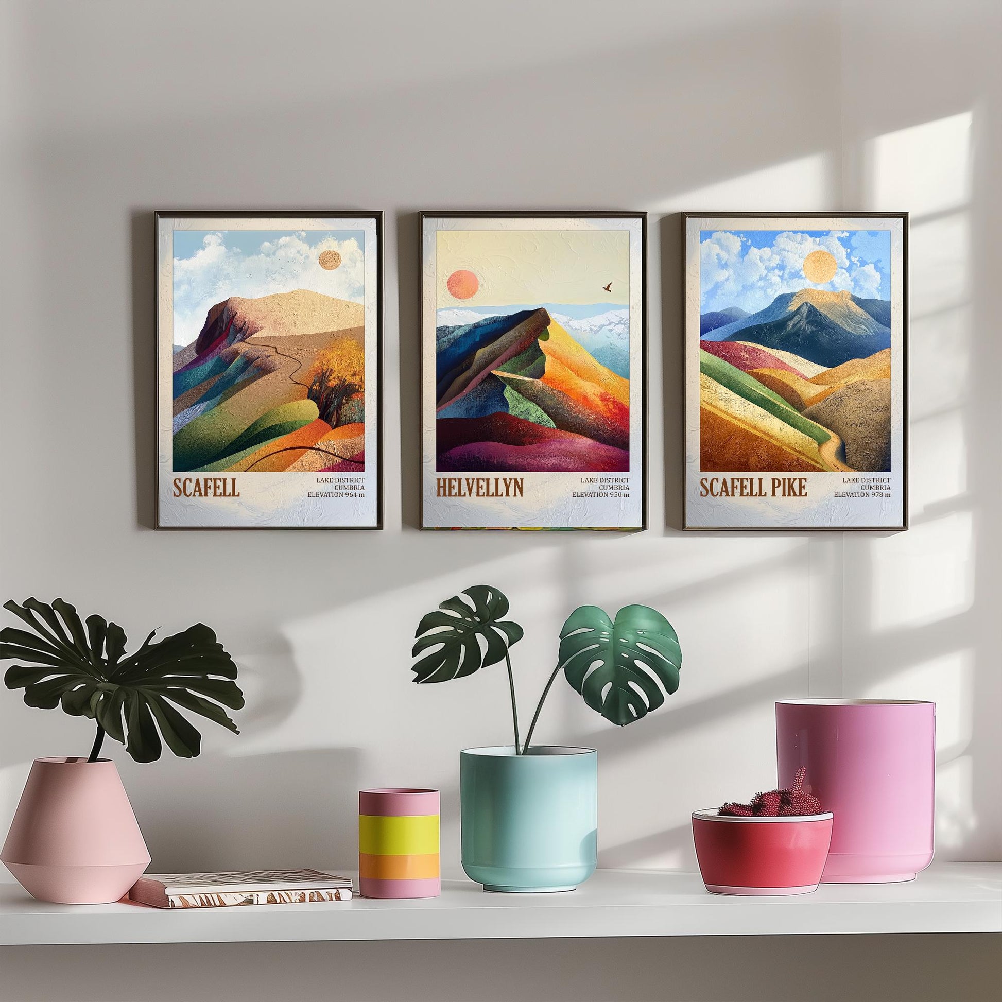 Set of Three Art Prints English Lake District - Scafell, Helvellyn, Scafell Pike - Cumbria Mountain Poster Illustration Fell Gift