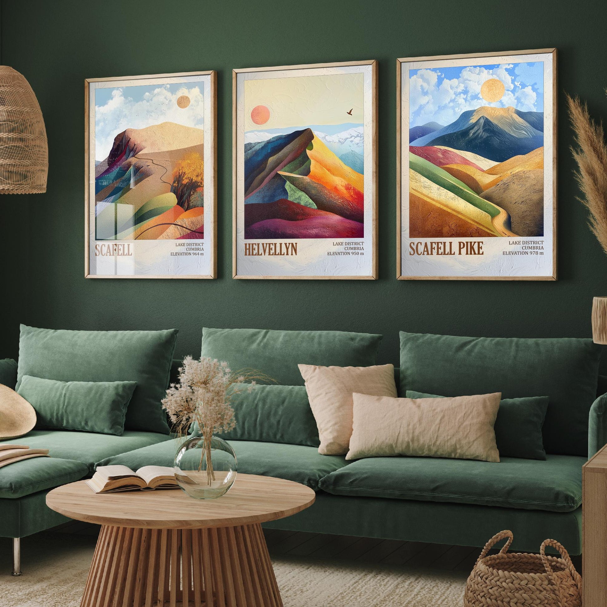 Set of Three Art Prints English Lake District - Scafell, Helvellyn, Scafell Pike - Cumbria Mountain Poster Illustration Fell Gift
