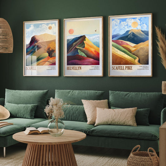 Set of Three Art Prints English Lake District - Scafell, Helvellyn, Scafell Pike - Cumbria Mountain Poster Illustration Fell Gift