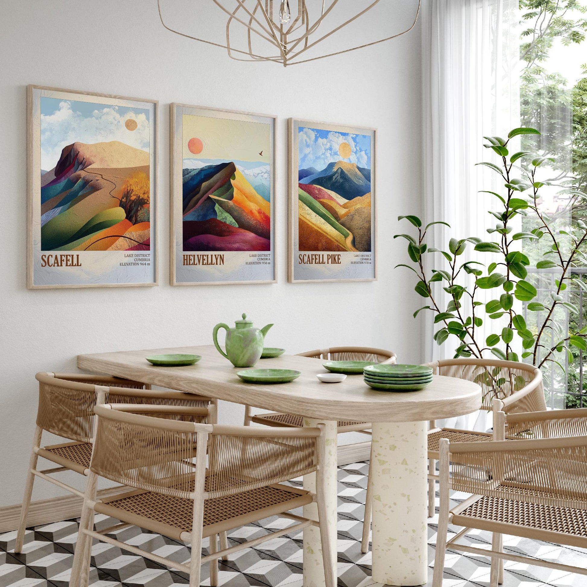 Set of Three Art Prints English Lake District - Scafell, Helvellyn, Scafell Pike - Cumbria Mountain Poster Illustration Fell Gift