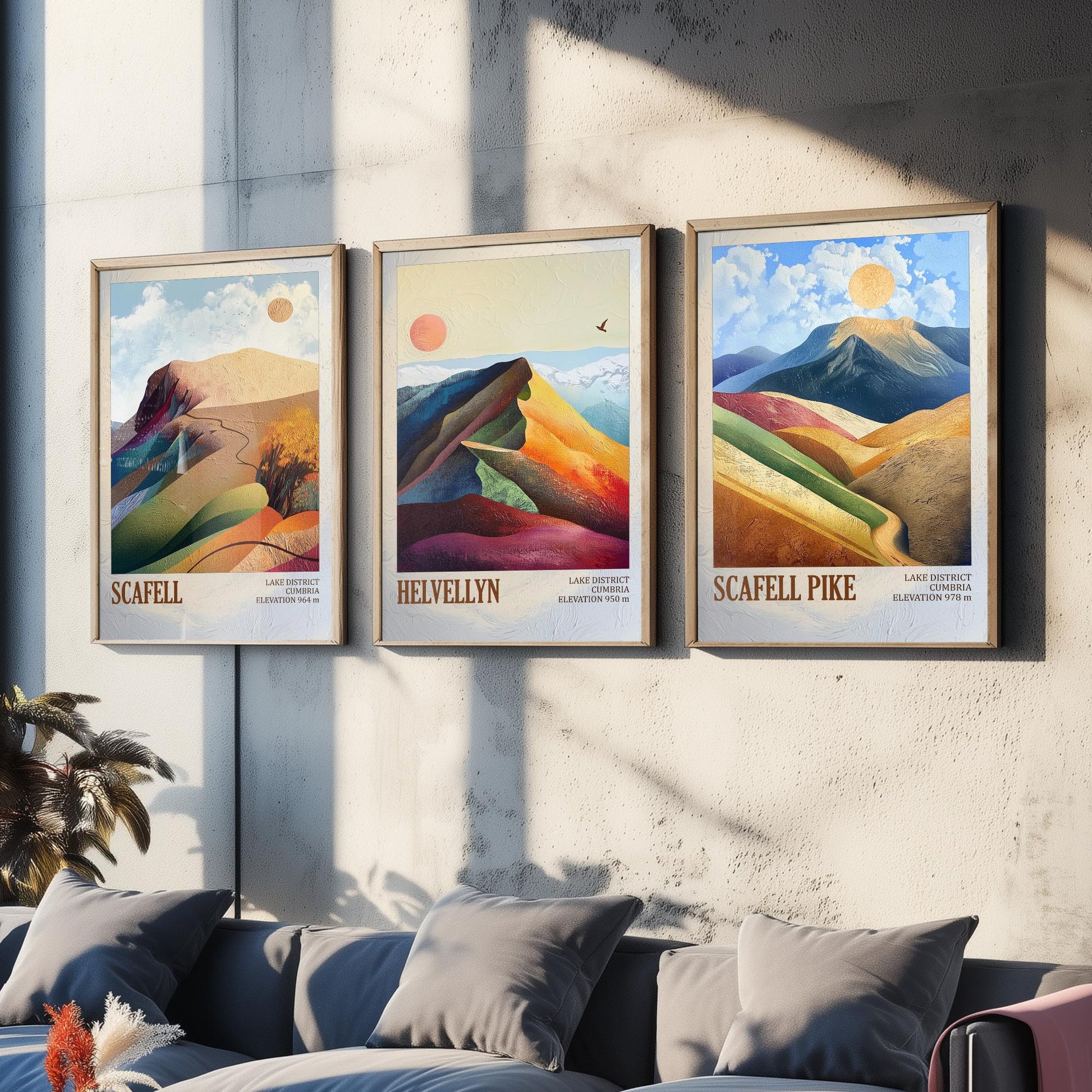 Set of Three Art Prints English Lake District - Scafell, Helvellyn, Scafell Pike - Cumbria Mountain Poster Illustration Fell Gift