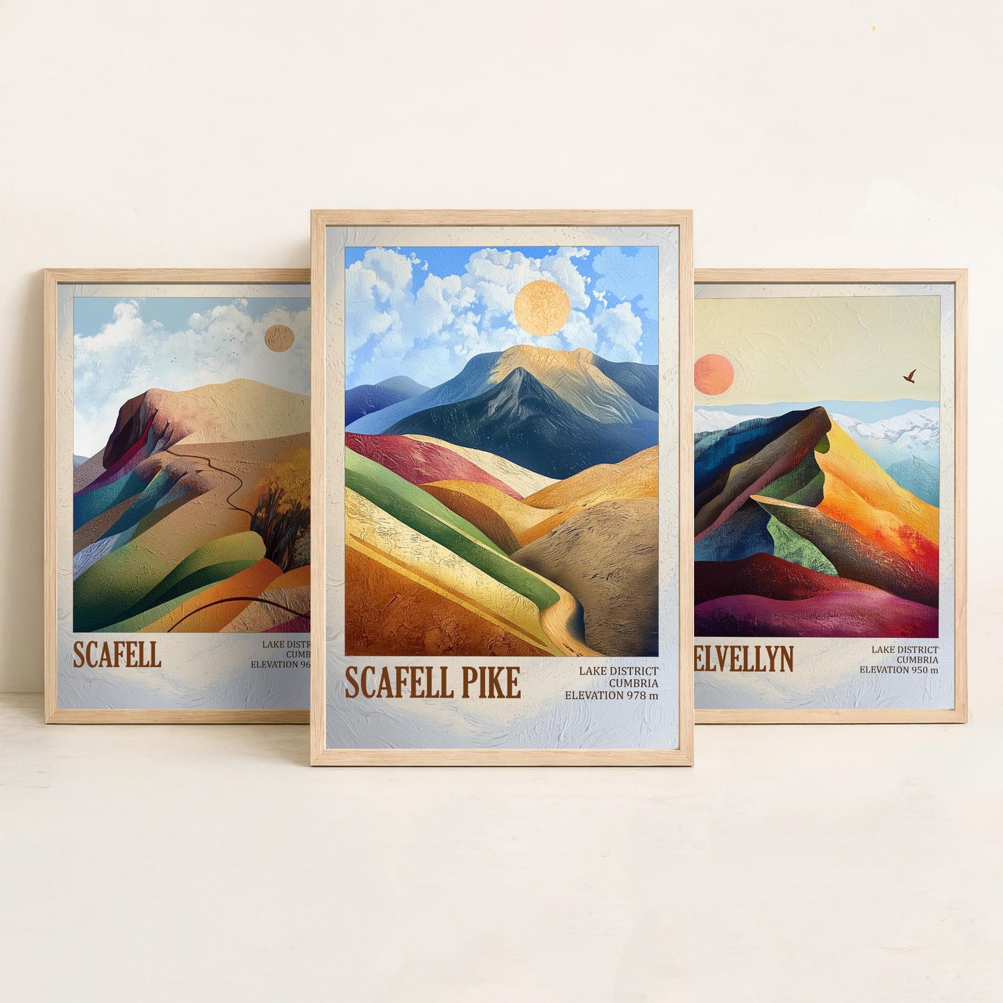 Set of Three Art Prints English Lake District - Scafell, Helvellyn, Scafell Pike - Cumbria Mountain Poster Illustration Fell Gift
