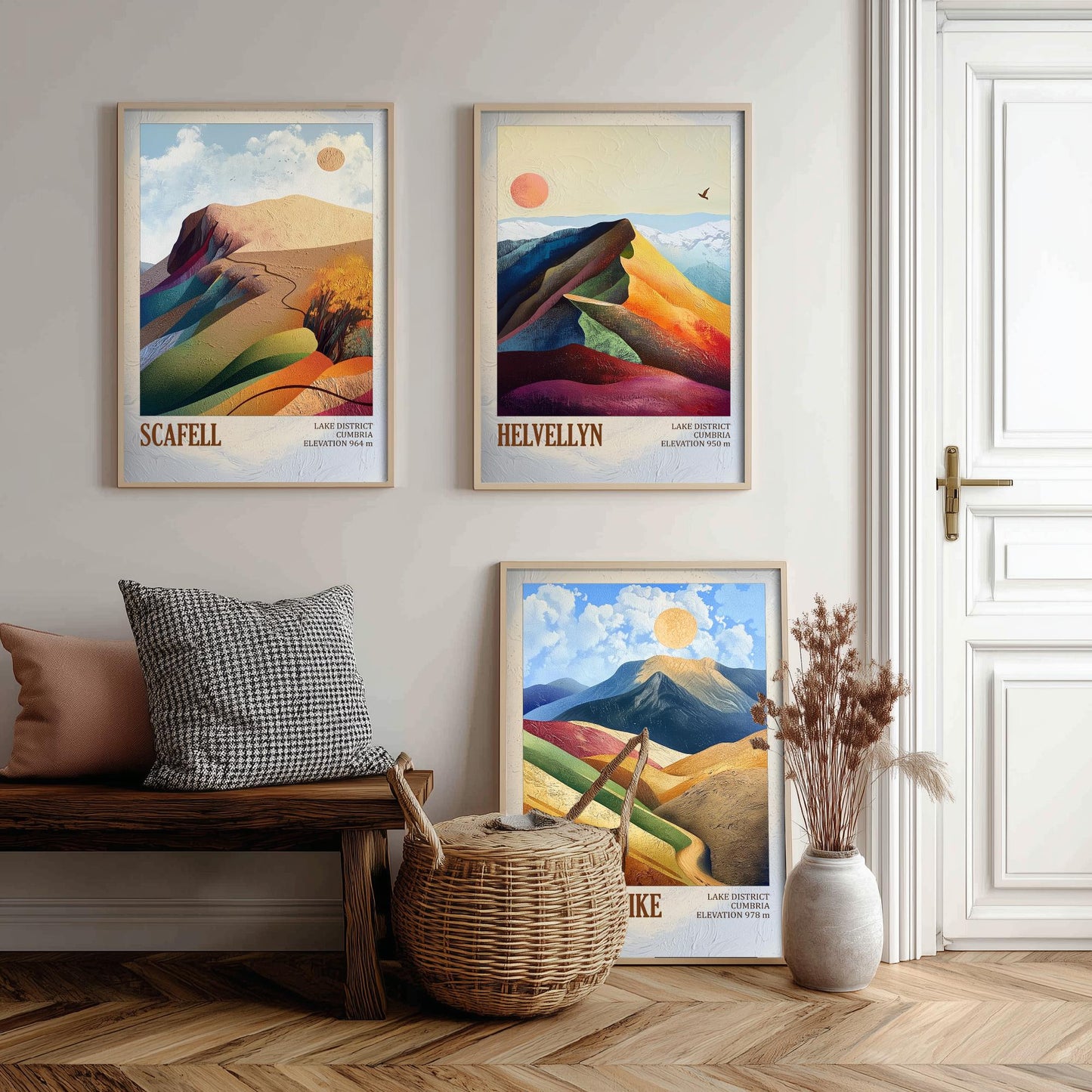 Set of Three Art Prints English Lake District - Scafell, Helvellyn, Scafell Pike - Cumbria Mountain Poster Illustration Fell Gift