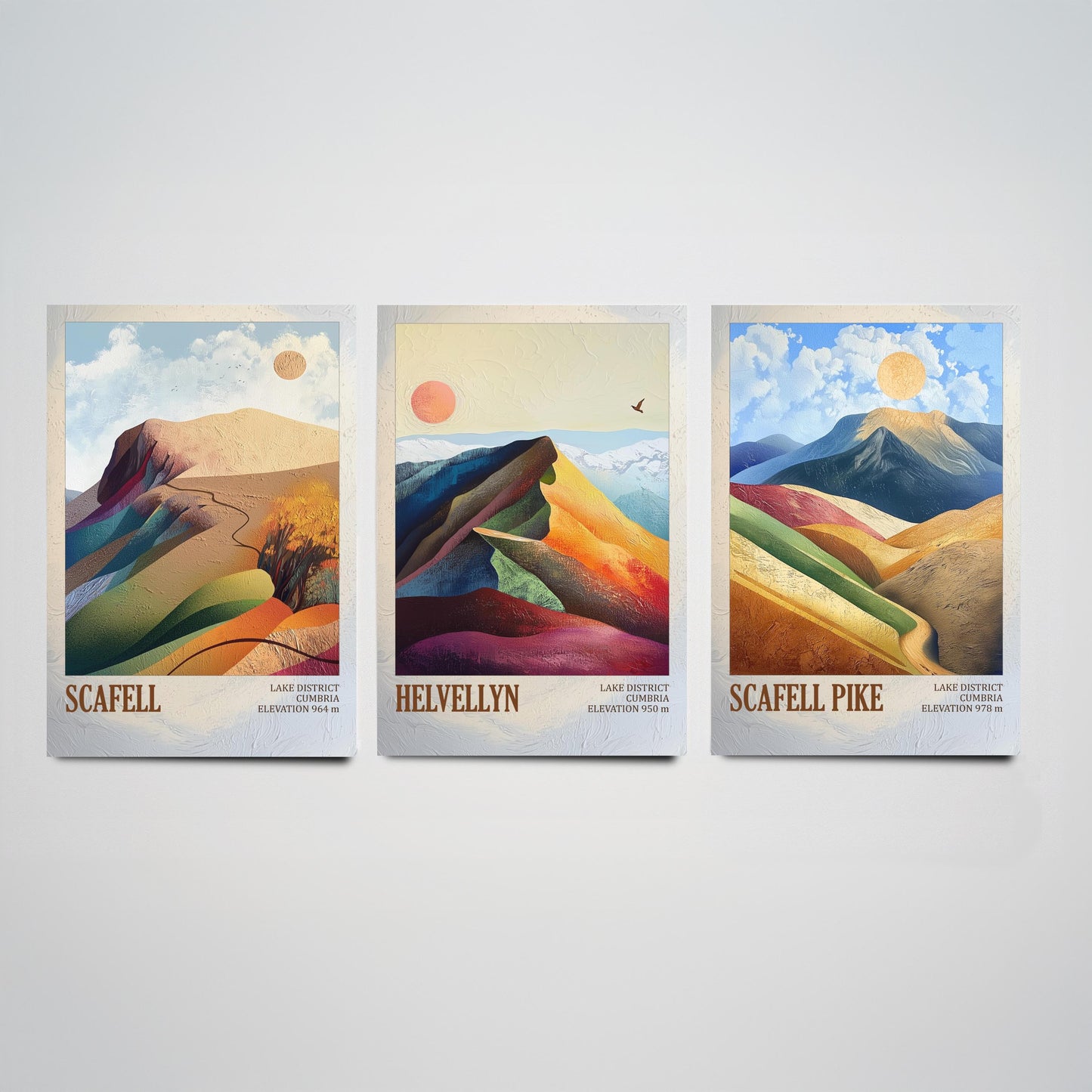 Set of Three Art Prints English Lake District - Scafell, Helvellyn, Scafell Pike - Cumbria Mountain Poster Illustration Fell Gift