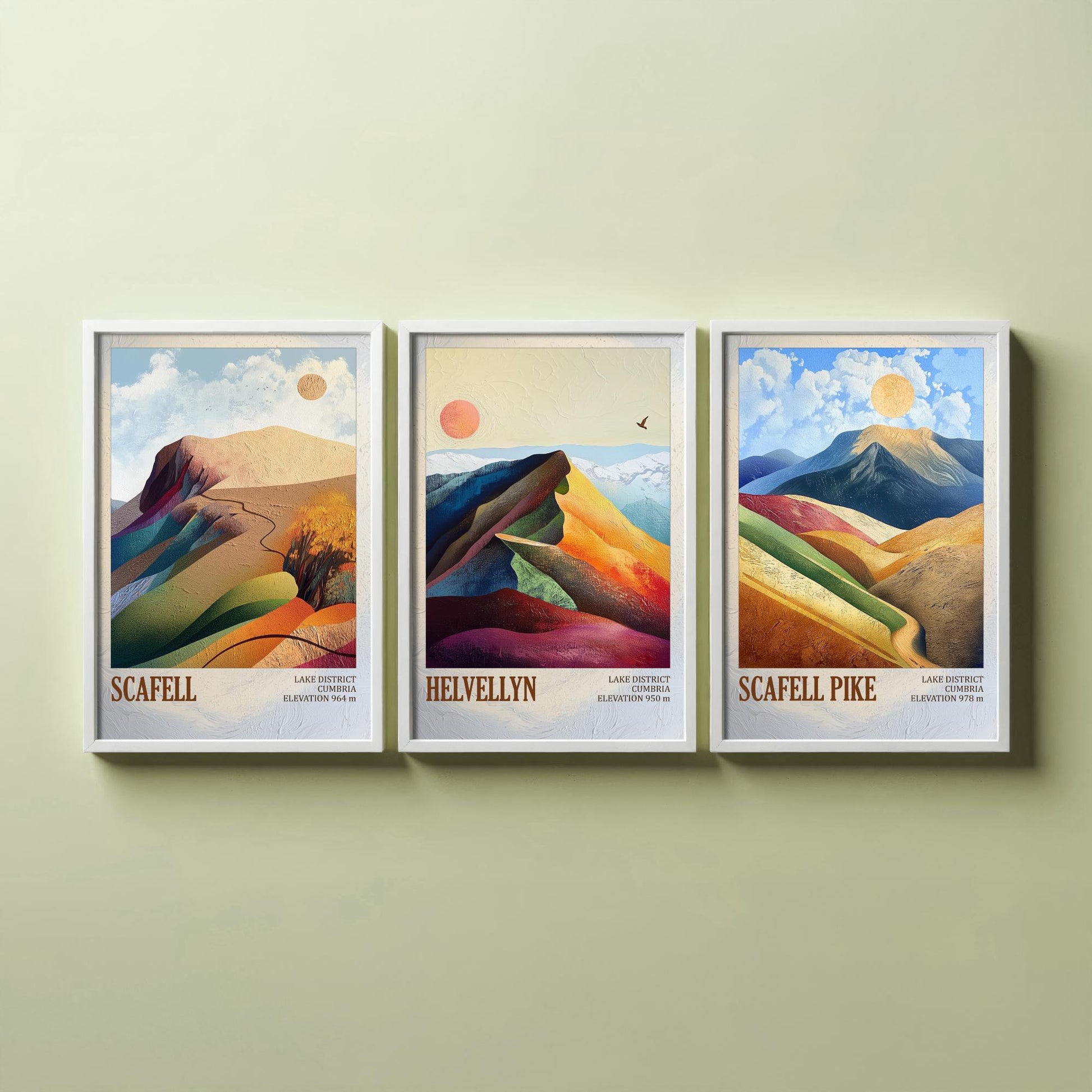 Set of Three Art Prints English Lake District - Scafell, Helvellyn, Scafell Pike - Cumbria Mountain Poster Illustration Fell Gift