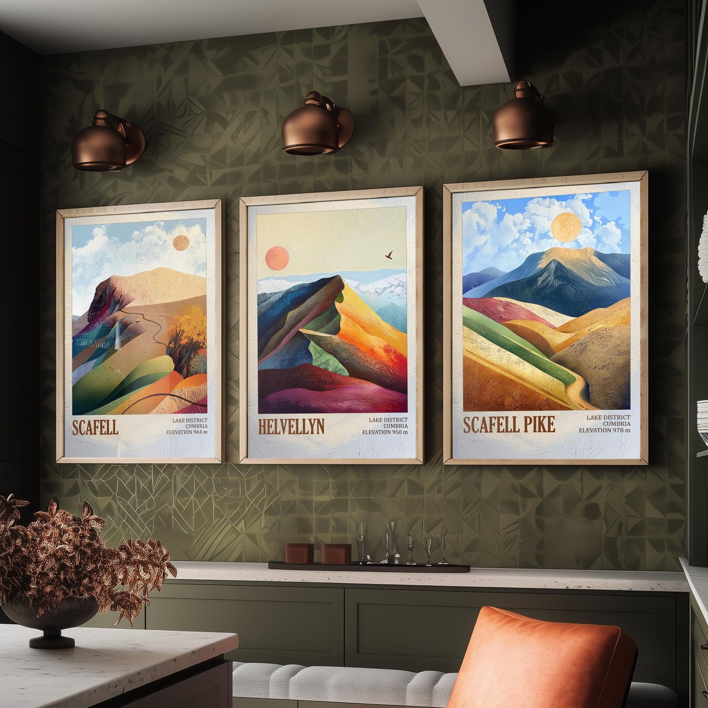 Set of Three Art Prints English Lake District - Scafell, Helvellyn, Scafell Pike - Cumbria Mountain Poster Illustration Fell Gift