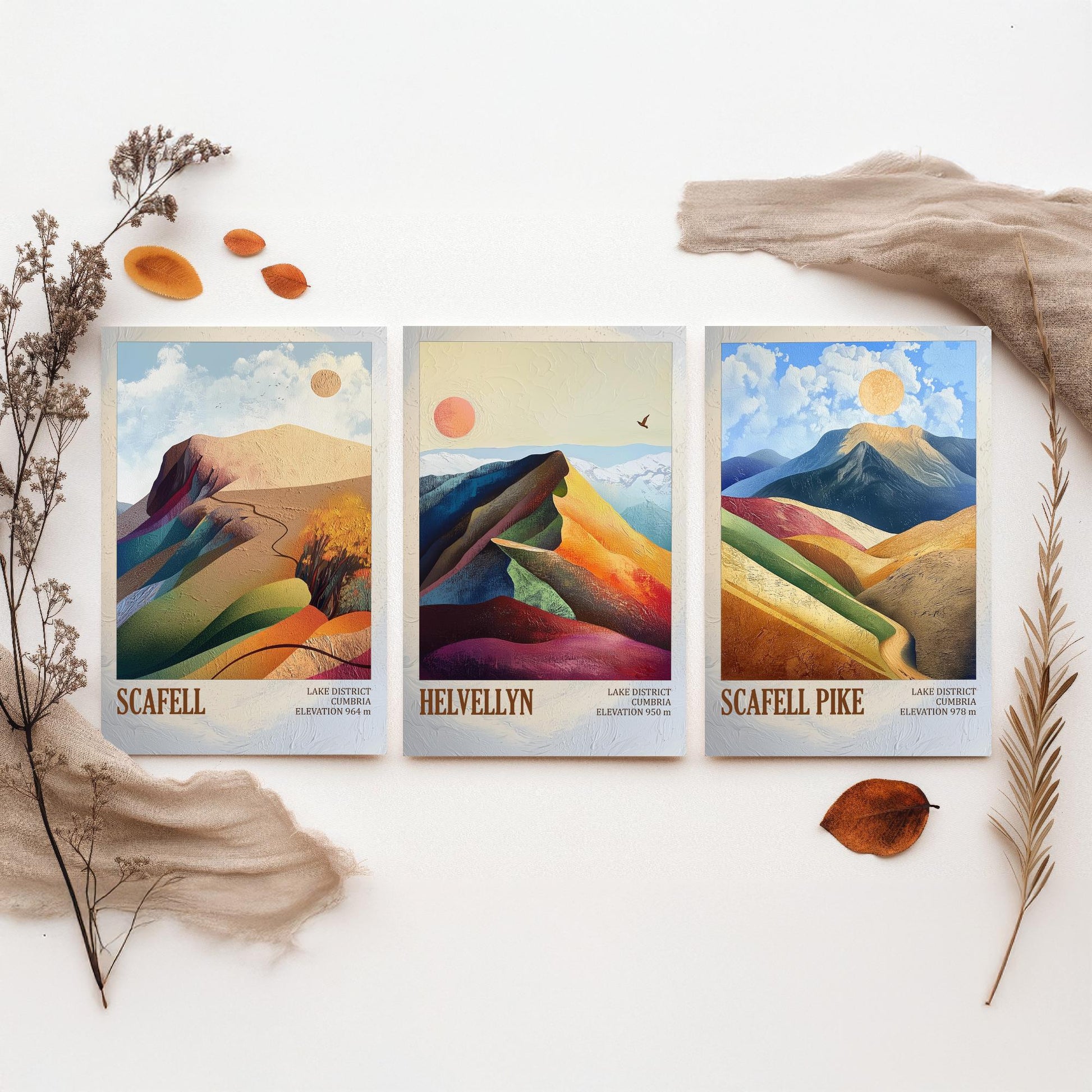 Set of Three Art Prints English Lake District - Scafell, Helvellyn, Scafell Pike - Cumbria Mountain Poster Illustration Fell Gift