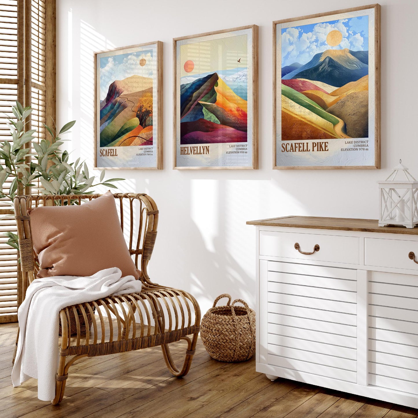 Set of Three Art Prints English Lake District - Scafell, Helvellyn, Scafell Pike - Cumbria Mountain Poster Illustration Fell Gift
