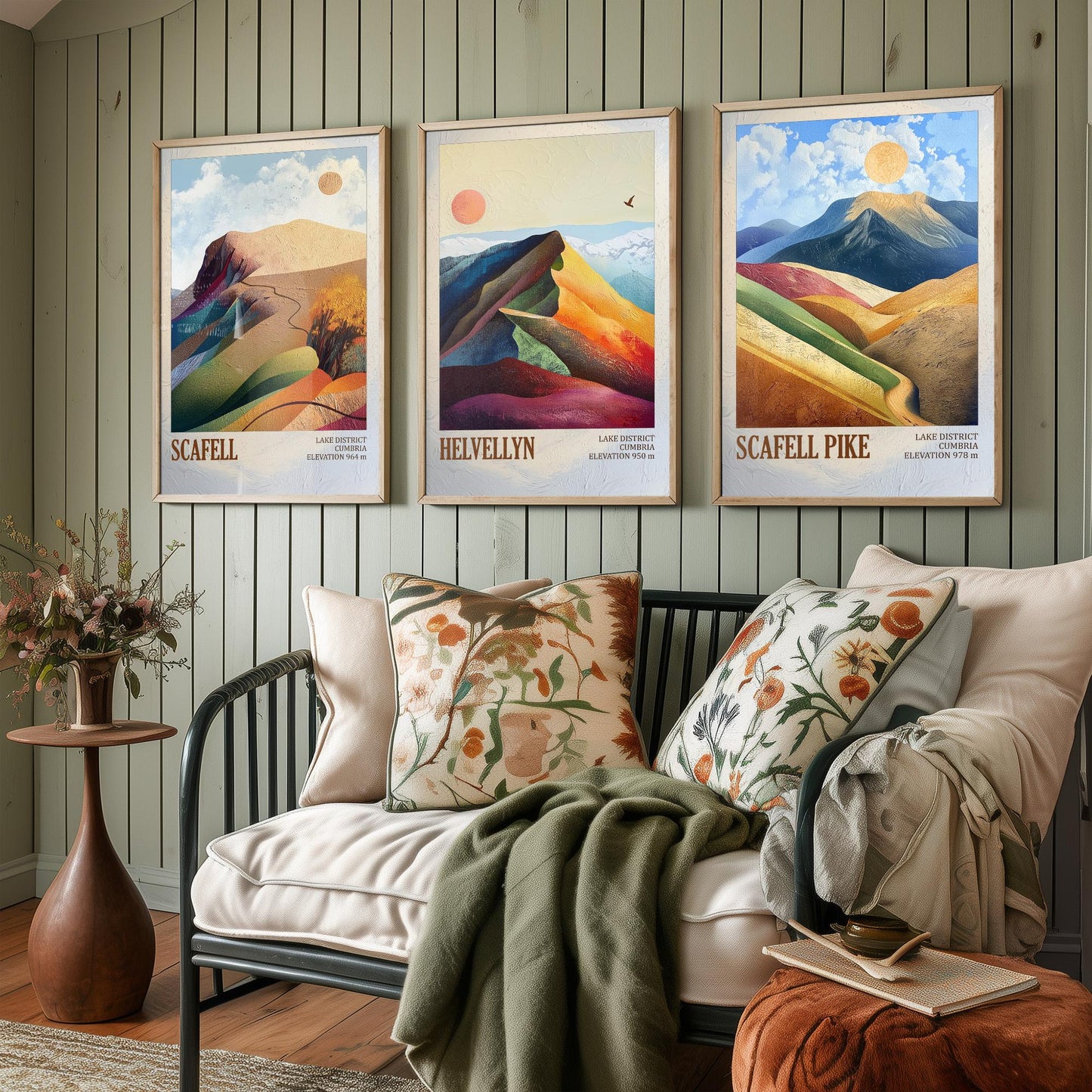 Set of Three Art Prints English Lake District - Scafell, Helvellyn, Scafell Pike - Cumbria Mountain Poster Illustration Fell Gift