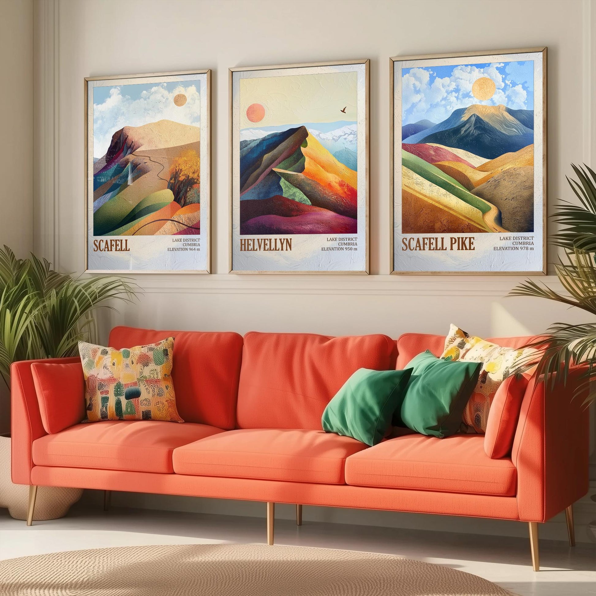 Set of Three Art Prints English Lake District - Scafell, Helvellyn, Scafell Pike - Cumbria Mountain Poster Illustration Fell Gift