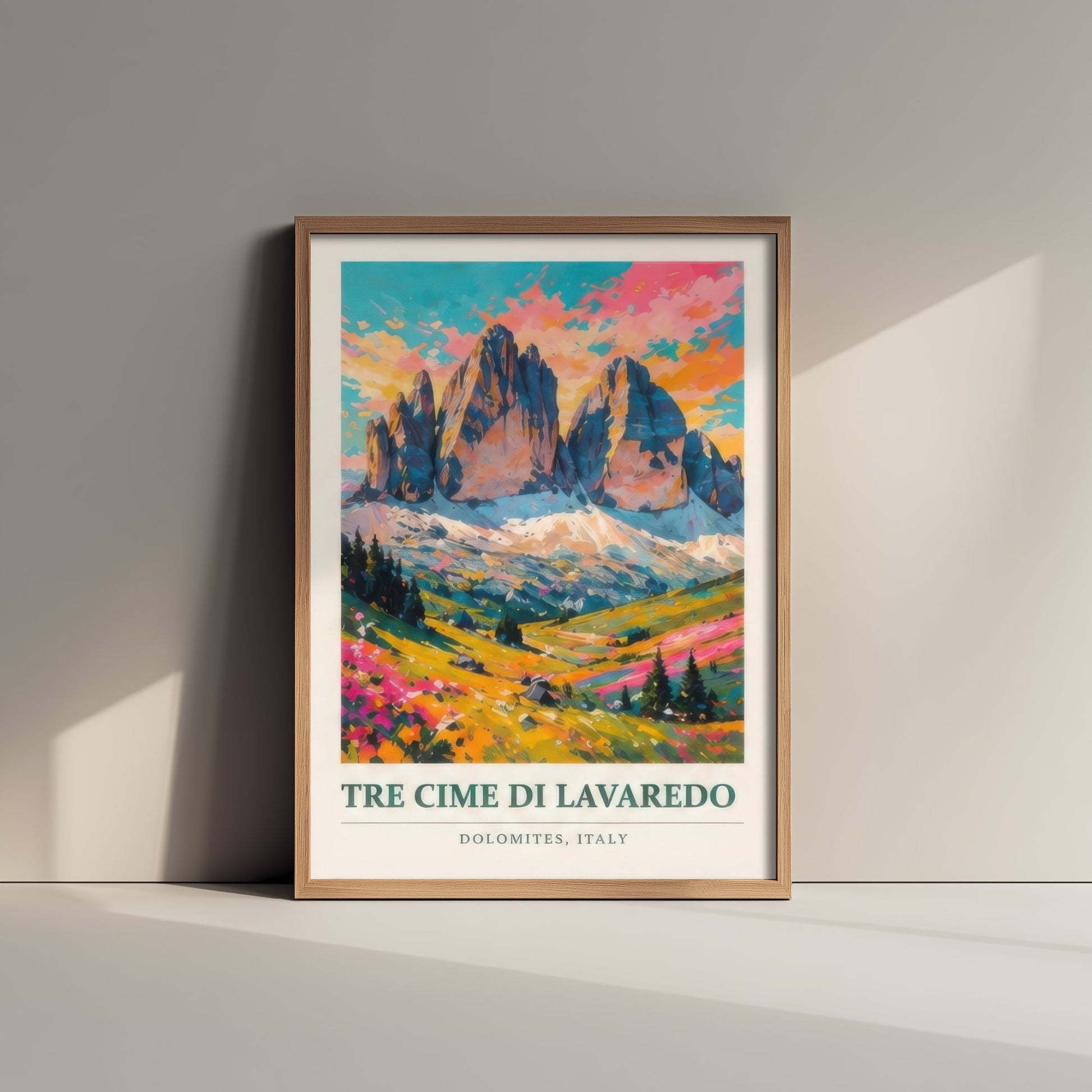 Tre Cime di Lavaredo Dolomites Travel Poster - Art Print - Vibrant Mountain Illustration Wall Art 1/3