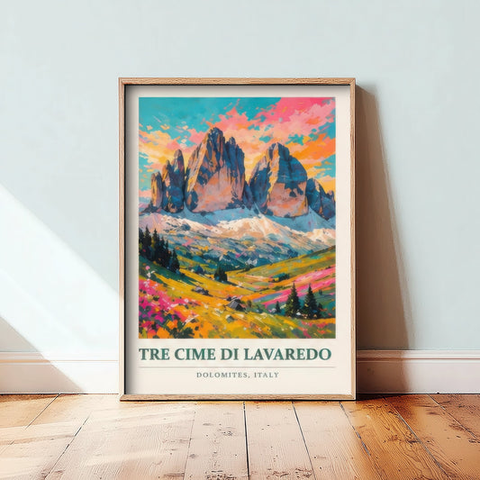 Tre Cime di Lavaredo Dolomites Travel Poster - Art Print - Vibrant Mountain Illustration Wall Art 1/3
