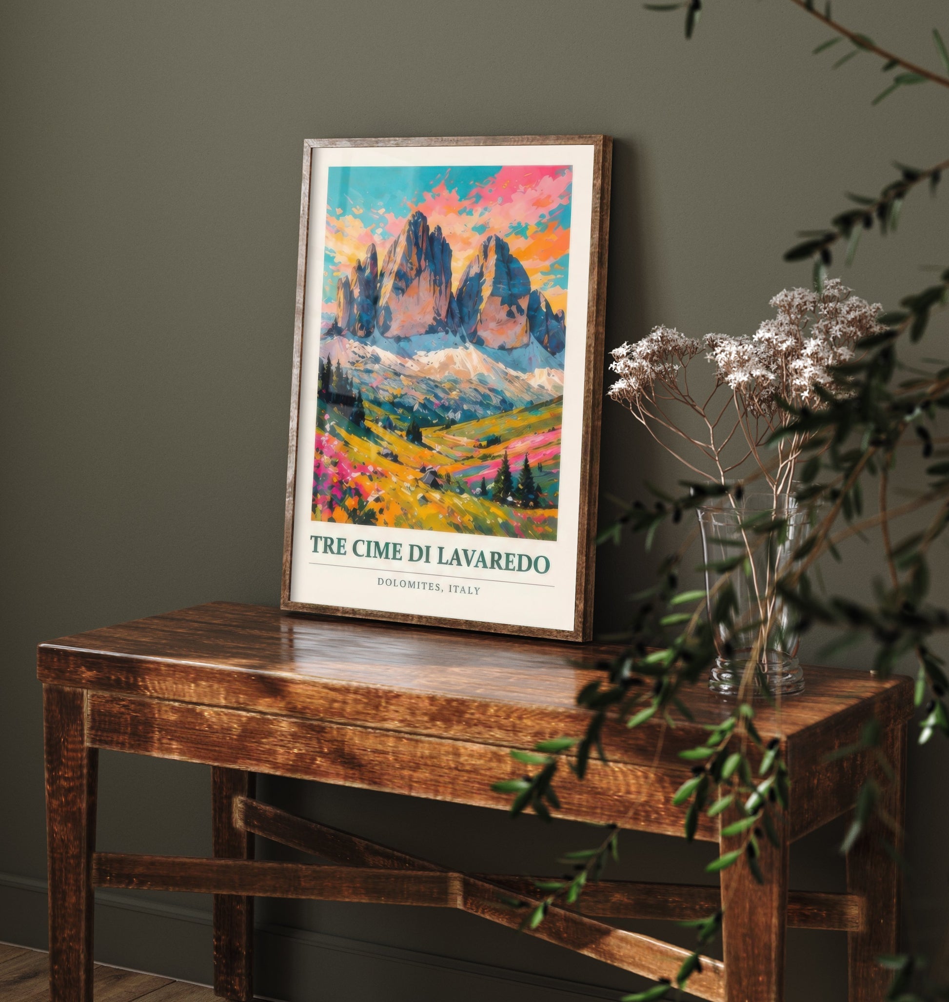 Tre Cime di Lavaredo Dolomites Travel Poster - Art Print - Vibrant Mountain Illustration Wall Art 1/3