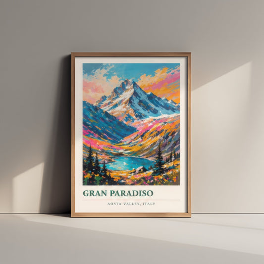 Gran Paradiso Italy Travel Poster - Art Print - Vibrant Mountain Illustration - Aosta Valley Wall Art 3/3