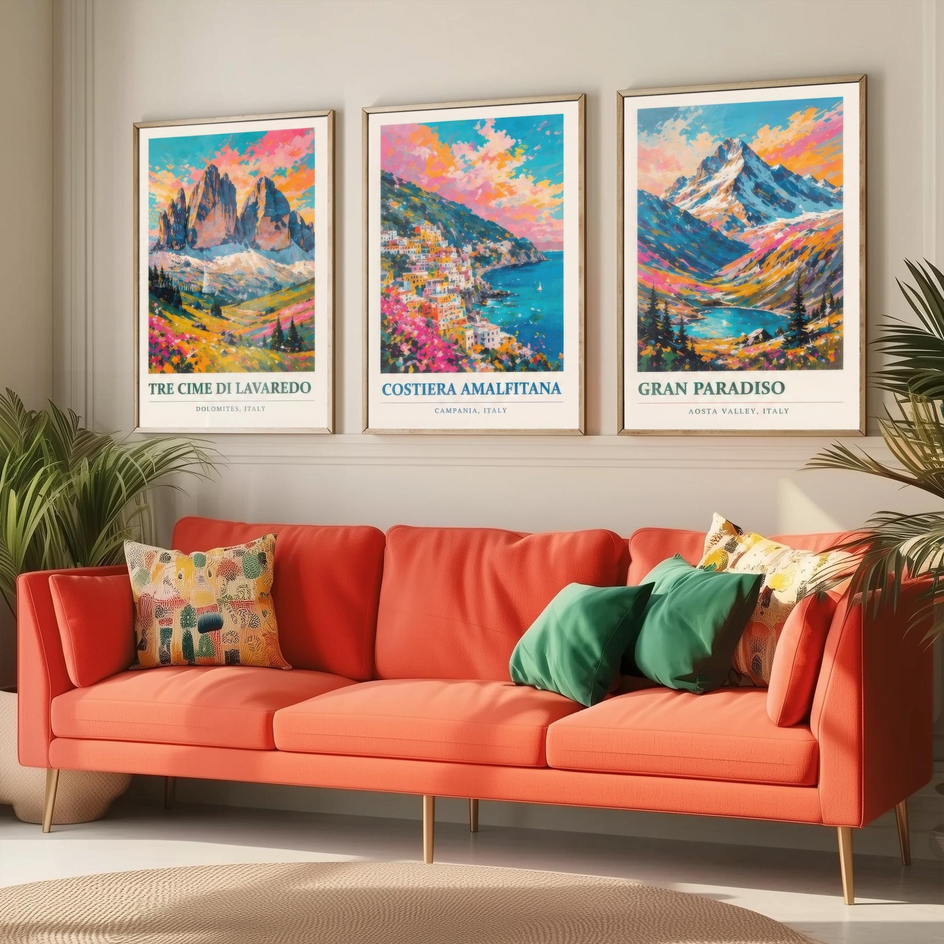 Set of Three Art Prints Italy Peaks - Tre Cime di Lavaredo, Costiera Amalfitana, Gran Paradiso - Mountain Poster Painting Travel Gift