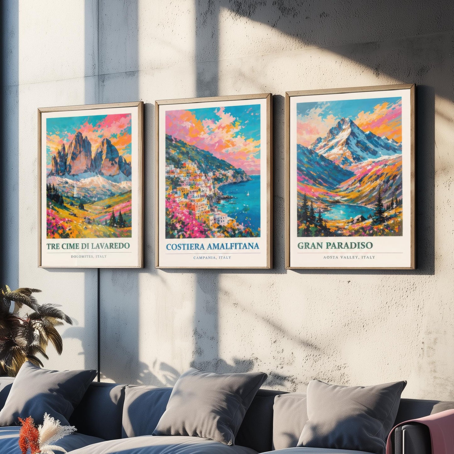Set of Three Art Prints Italy Peaks - Tre Cime di Lavaredo, Costiera Amalfitana, Gran Paradiso - Mountain Poster Painting Travel Gift