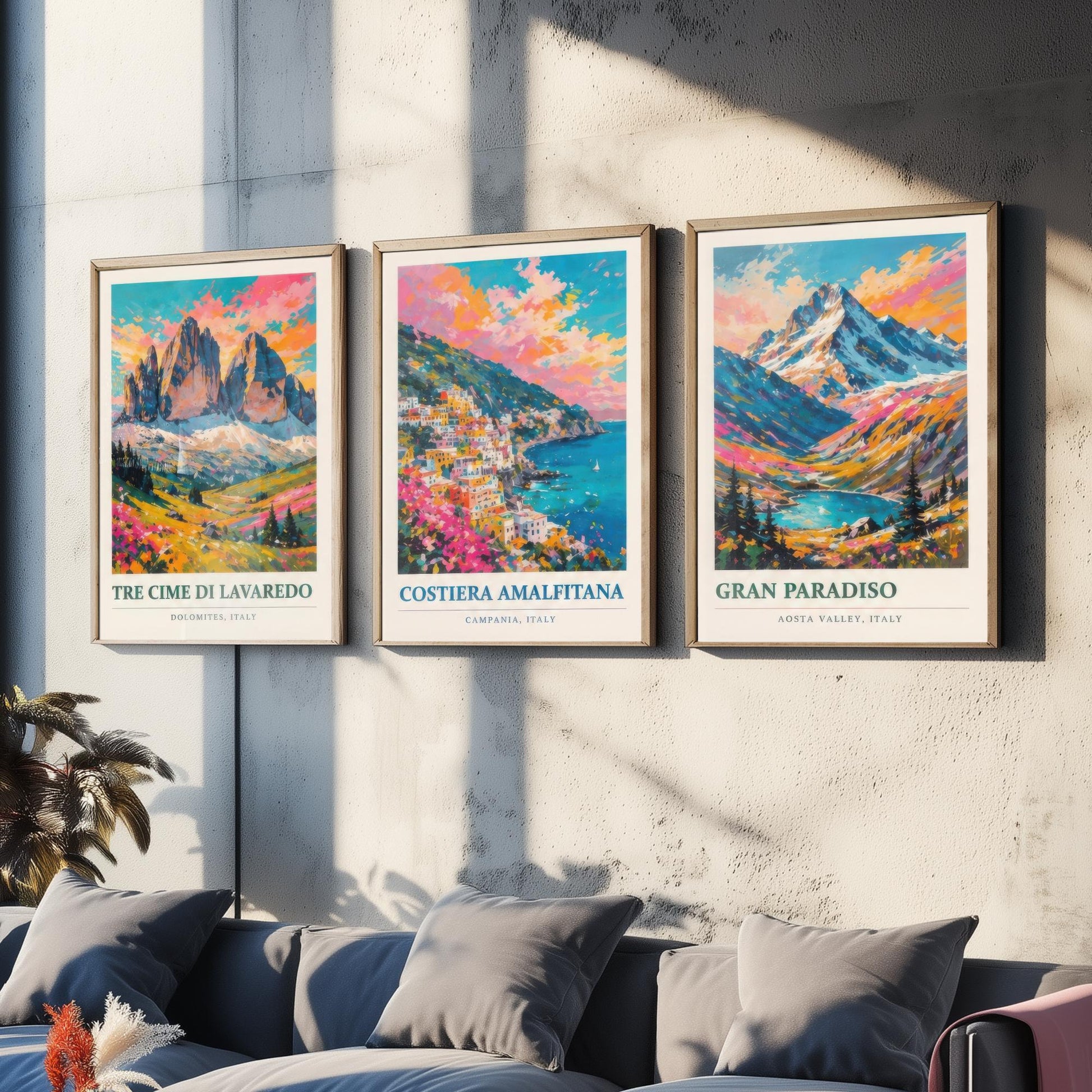 Set of Three Art Prints Italy Peaks - Tre Cime di Lavaredo, Costiera Amalfitana, Gran Paradiso - Mountain Poster Painting Travel Gift