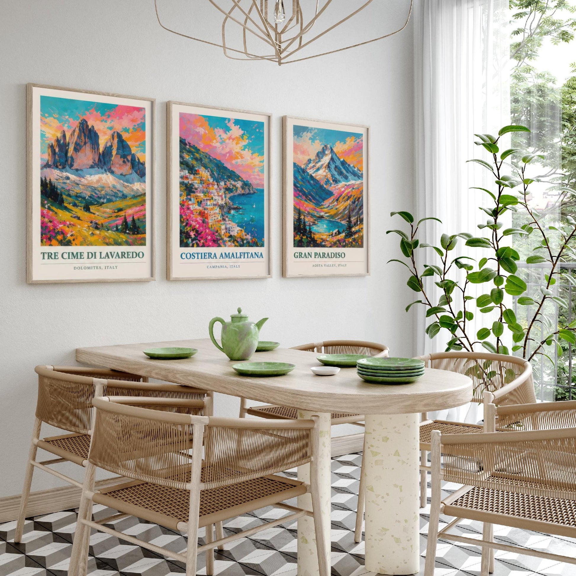 Set of Three Art Prints Italy Peaks - Tre Cime di Lavaredo, Costiera Amalfitana, Gran Paradiso - Mountain Poster Painting Travel Gift
