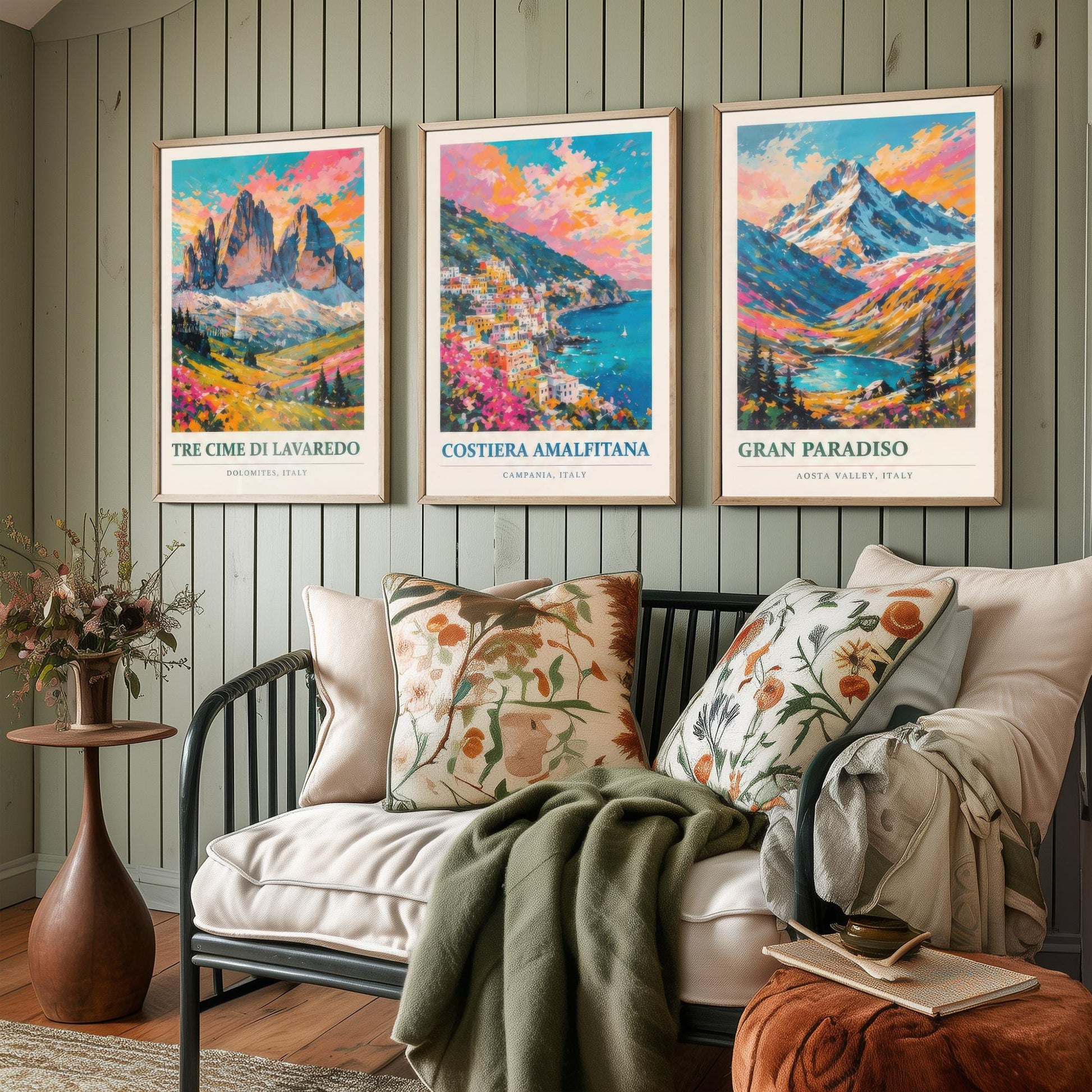 Set of Three Art Prints Italy Peaks - Tre Cime di Lavaredo, Costiera Amalfitana, Gran Paradiso - Mountain Poster Painting Travel Gift