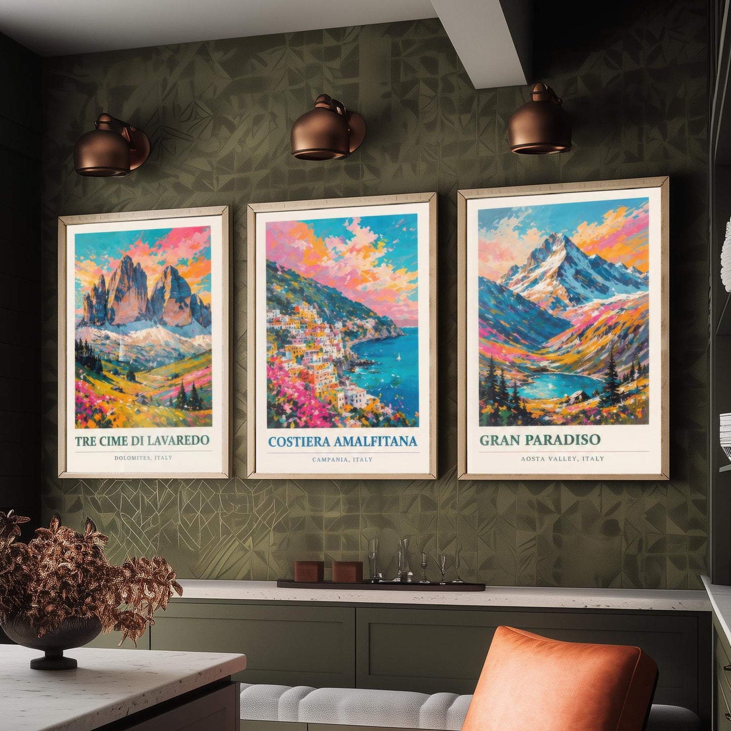 Set of Three Art Prints Italy Peaks - Tre Cime di Lavaredo, Costiera Amalfitana, Gran Paradiso - Mountain Poster Painting Travel Gift