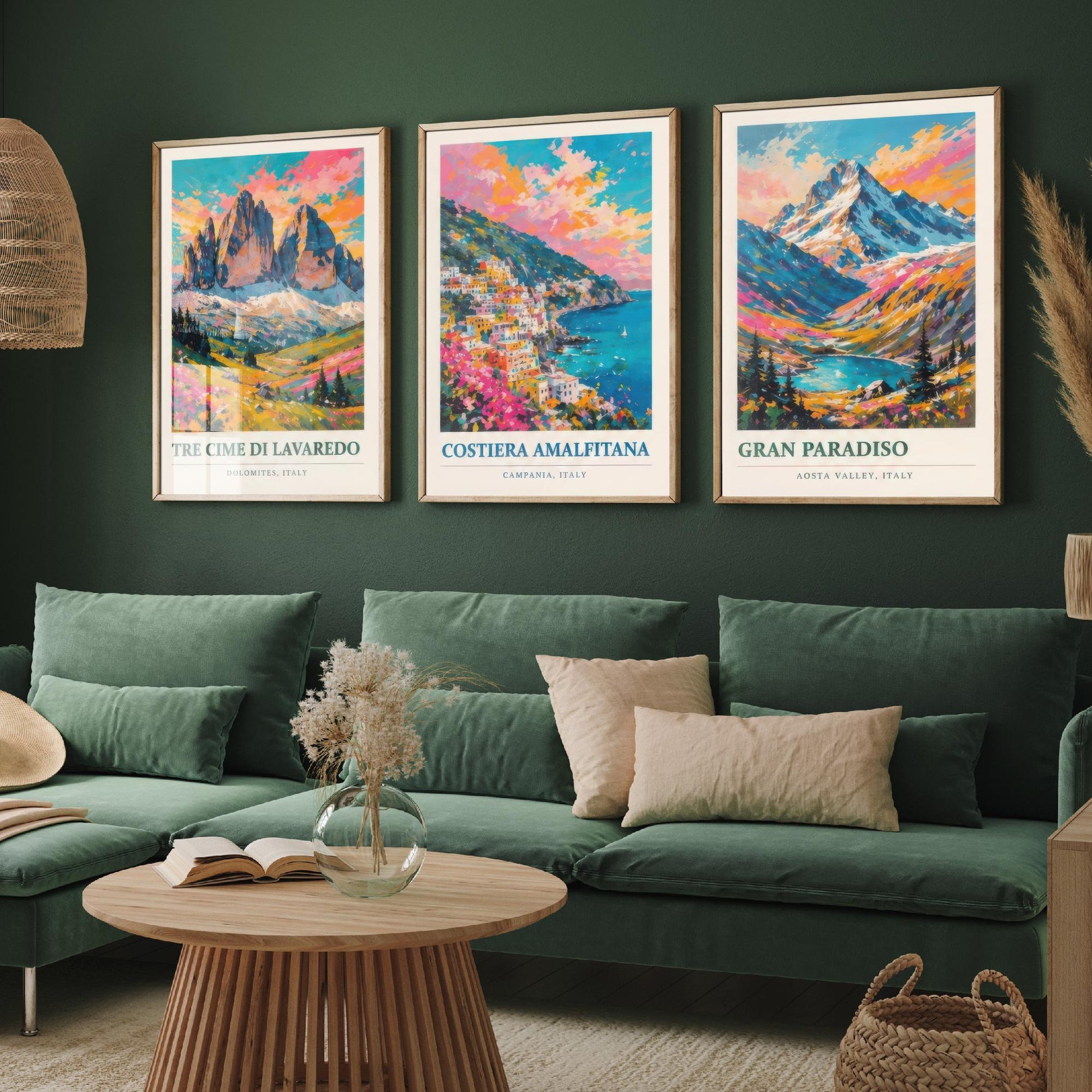 Set of Three Art Prints Italy Peaks - Tre Cime di Lavaredo, Costiera Amalfitana, Gran Paradiso - Mountain Poster Painting Travel Gift