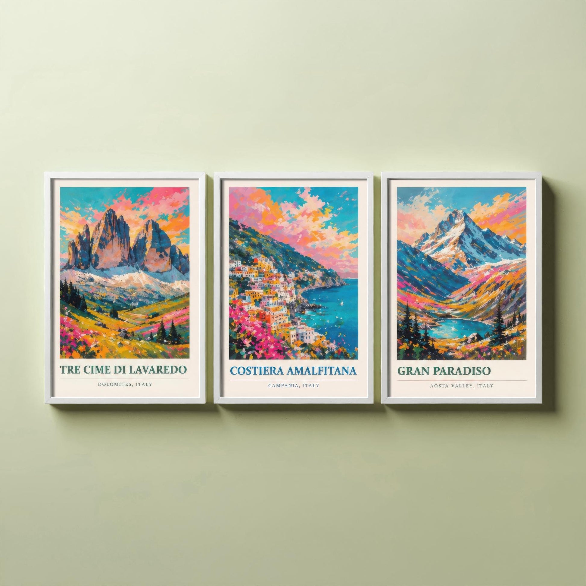 Set of Three Art Prints Italy Peaks - Tre Cime di Lavaredo, Costiera Amalfitana, Gran Paradiso - Mountain Poster Painting Travel Gift