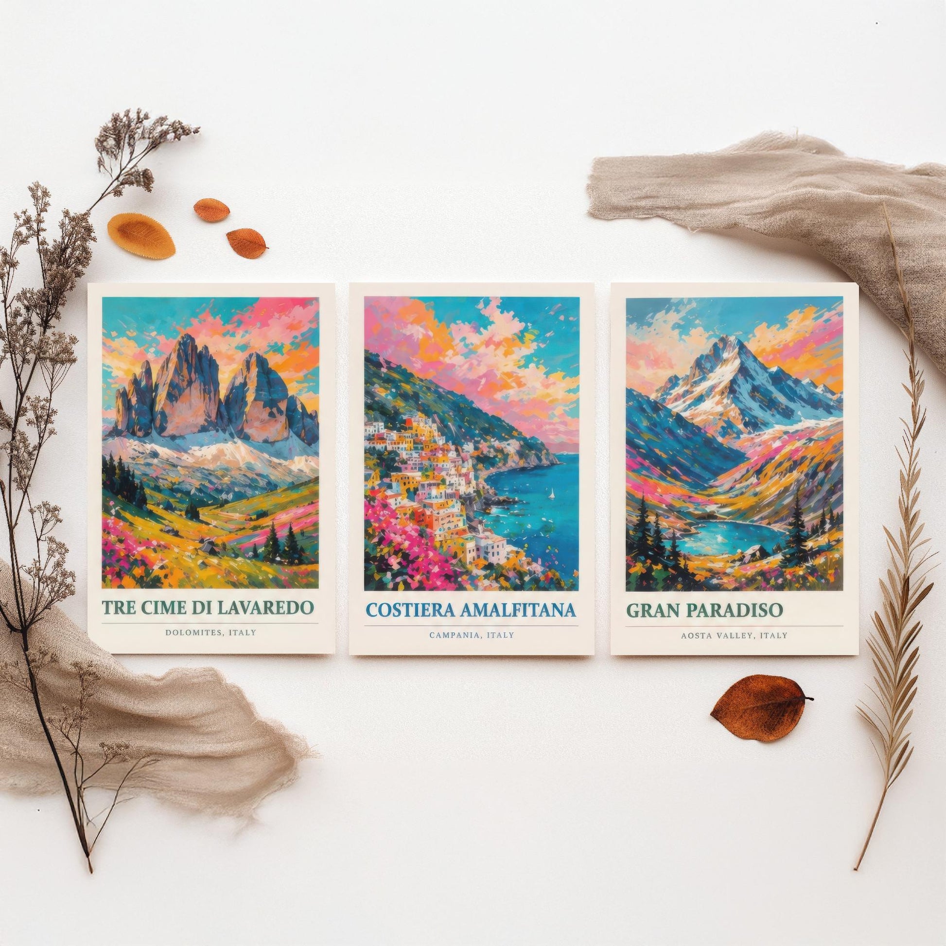Set of Three Art Prints Italy Peaks - Tre Cime di Lavaredo, Costiera Amalfitana, Gran Paradiso - Mountain Poster Painting Travel Gift