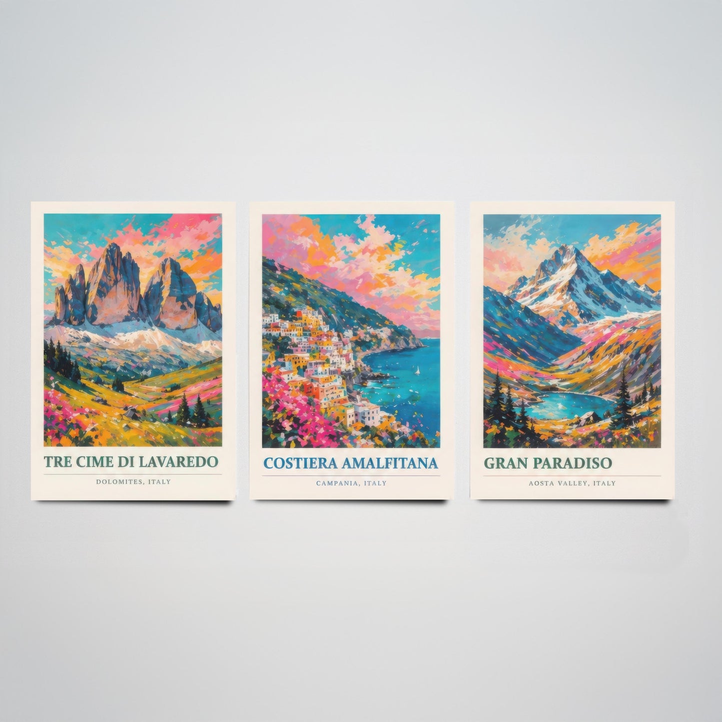 Set of Three Art Prints Italy Peaks - Tre Cime di Lavaredo, Costiera Amalfitana, Gran Paradiso - Mountain Poster Painting Travel Gift
