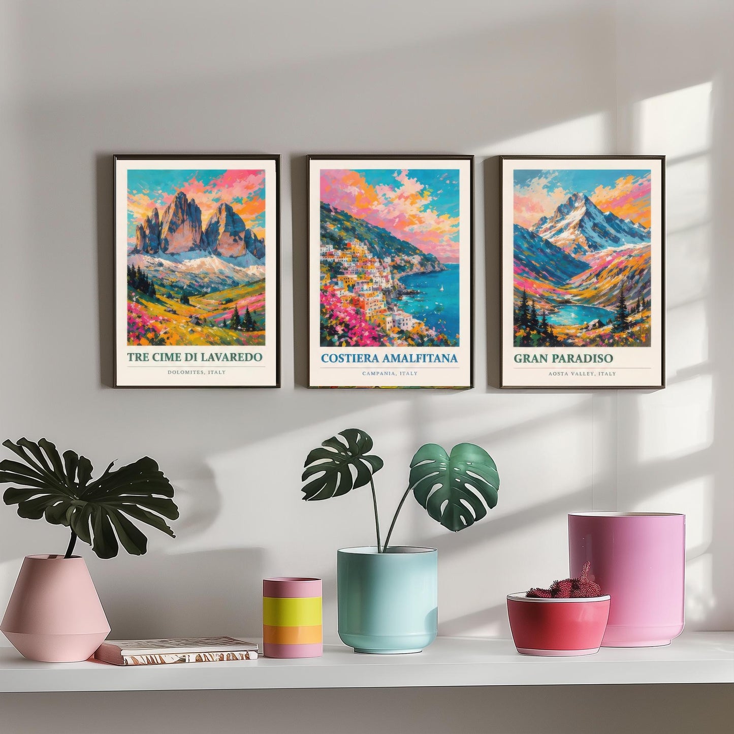 Set of Three Art Prints Italy Peaks - Tre Cime di Lavaredo, Costiera Amalfitana, Gran Paradiso - Mountain Poster Painting Travel Gift