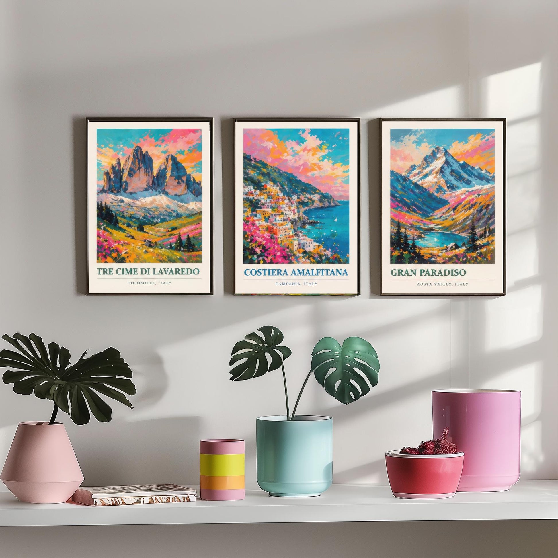 Set of Three Art Prints Italy Peaks - Tre Cime di Lavaredo, Costiera Amalfitana, Gran Paradiso - Mountain Poster Painting Travel Gift