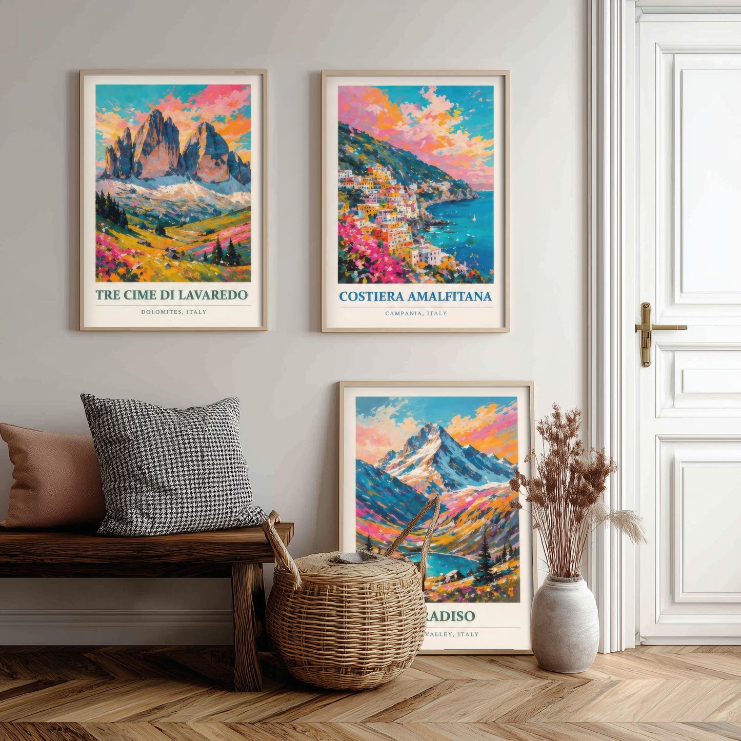Set of Three Art Prints Italy Peaks - Tre Cime di Lavaredo, Costiera Amalfitana, Gran Paradiso - Mountain Poster Painting Travel Gift
