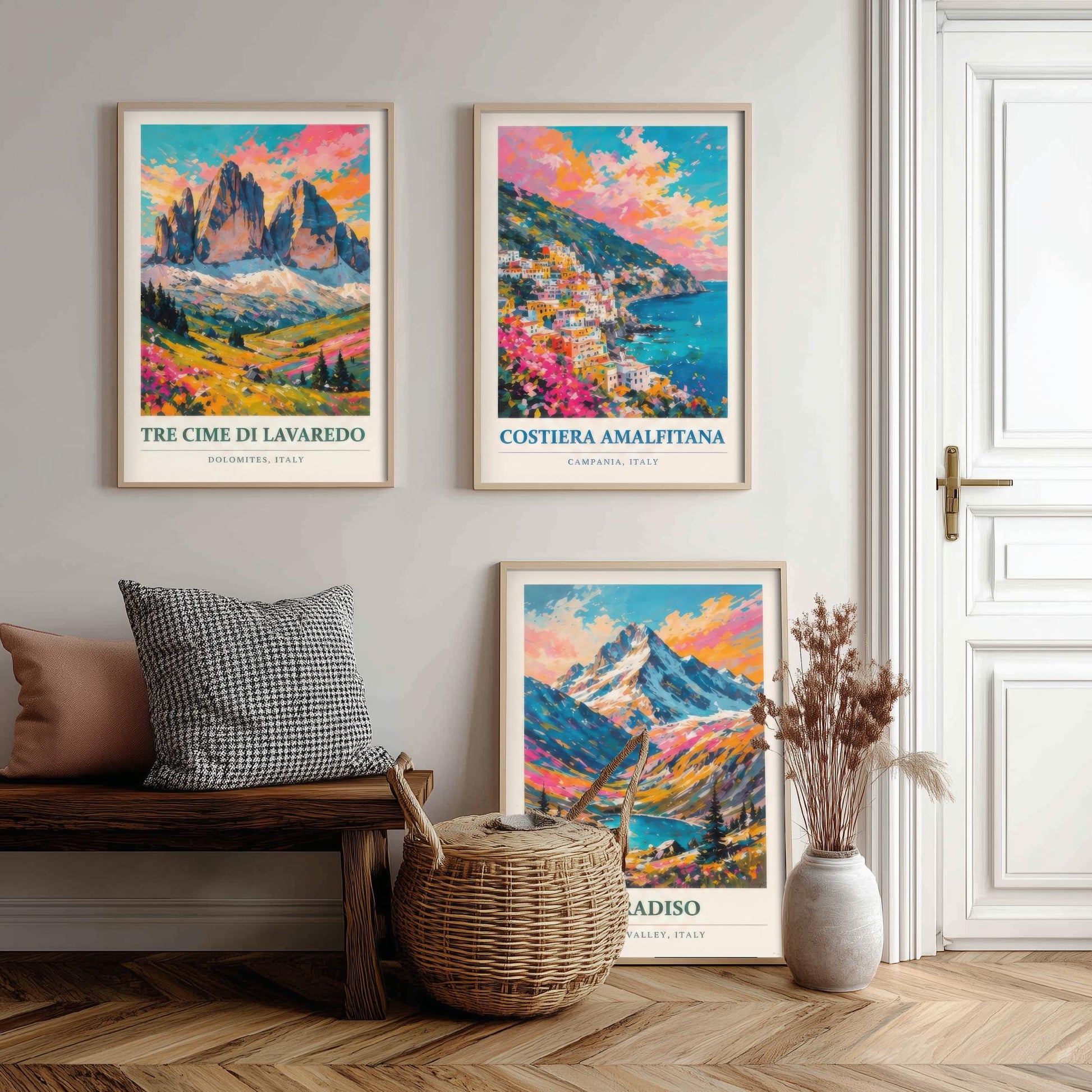 Set of Three Art Prints Italy Peaks - Tre Cime di Lavaredo, Costiera Amalfitana, Gran Paradiso - Mountain Poster Painting Travel Gift