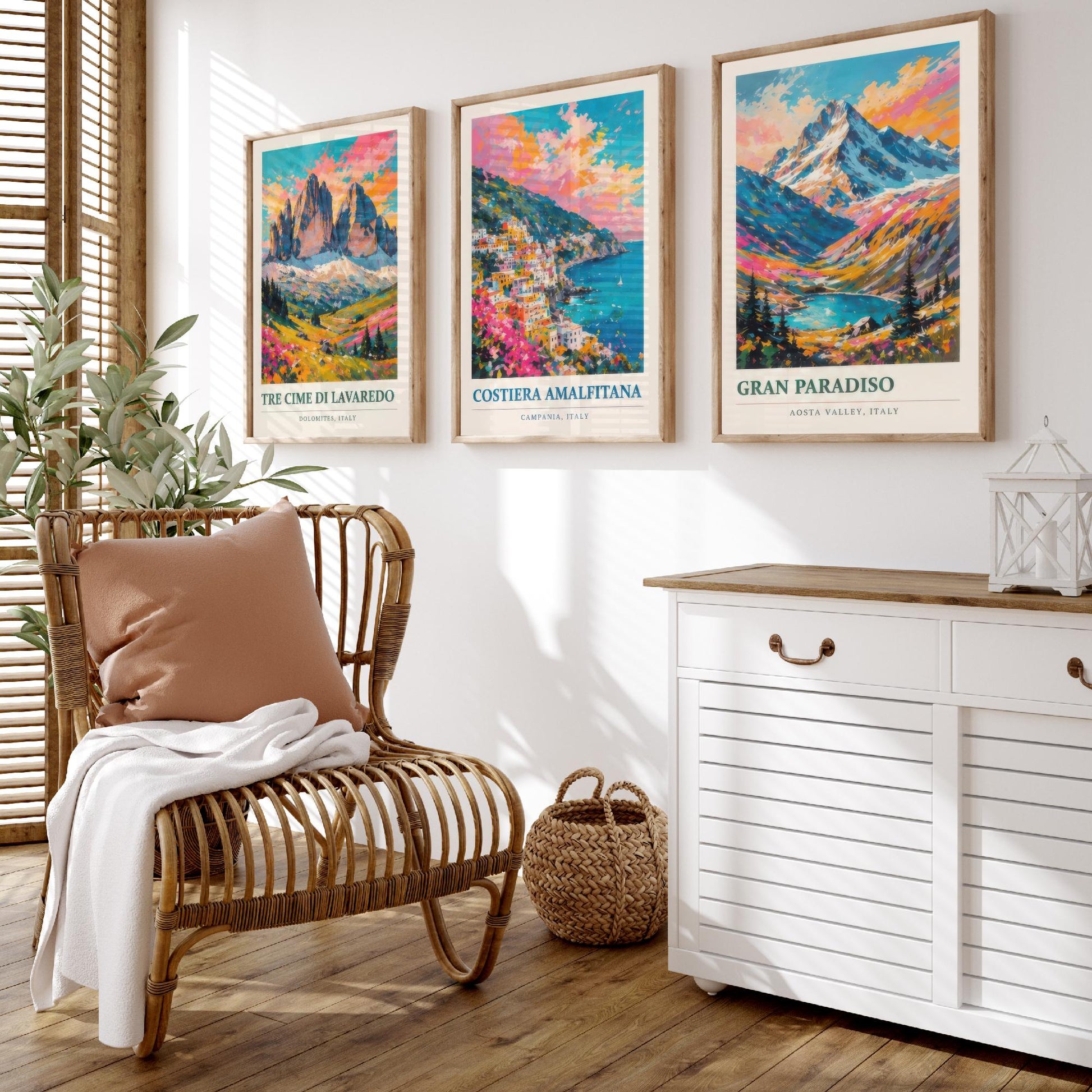Set of Three Art Prints Italy Peaks - Tre Cime di Lavaredo, Costiera Amalfitana, Gran Paradiso - Mountain Poster Painting Travel Gift