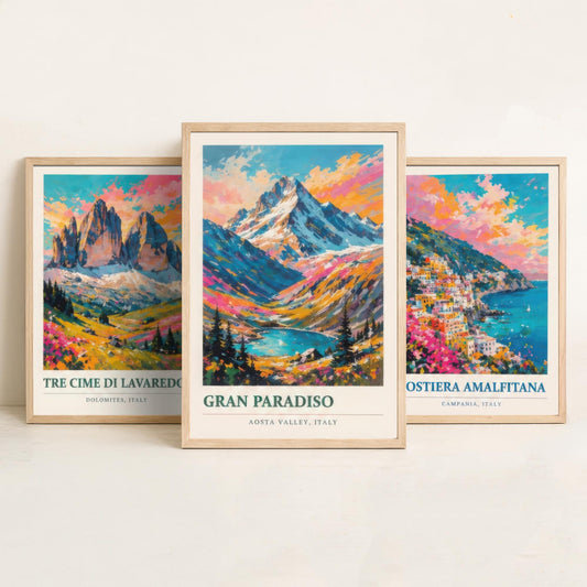 Set of Three Art Prints Italy Peaks - Tre Cime di Lavaredo, Costiera Amalfitana, Gran Paradiso - Mountain Poster Painting Travel Gift