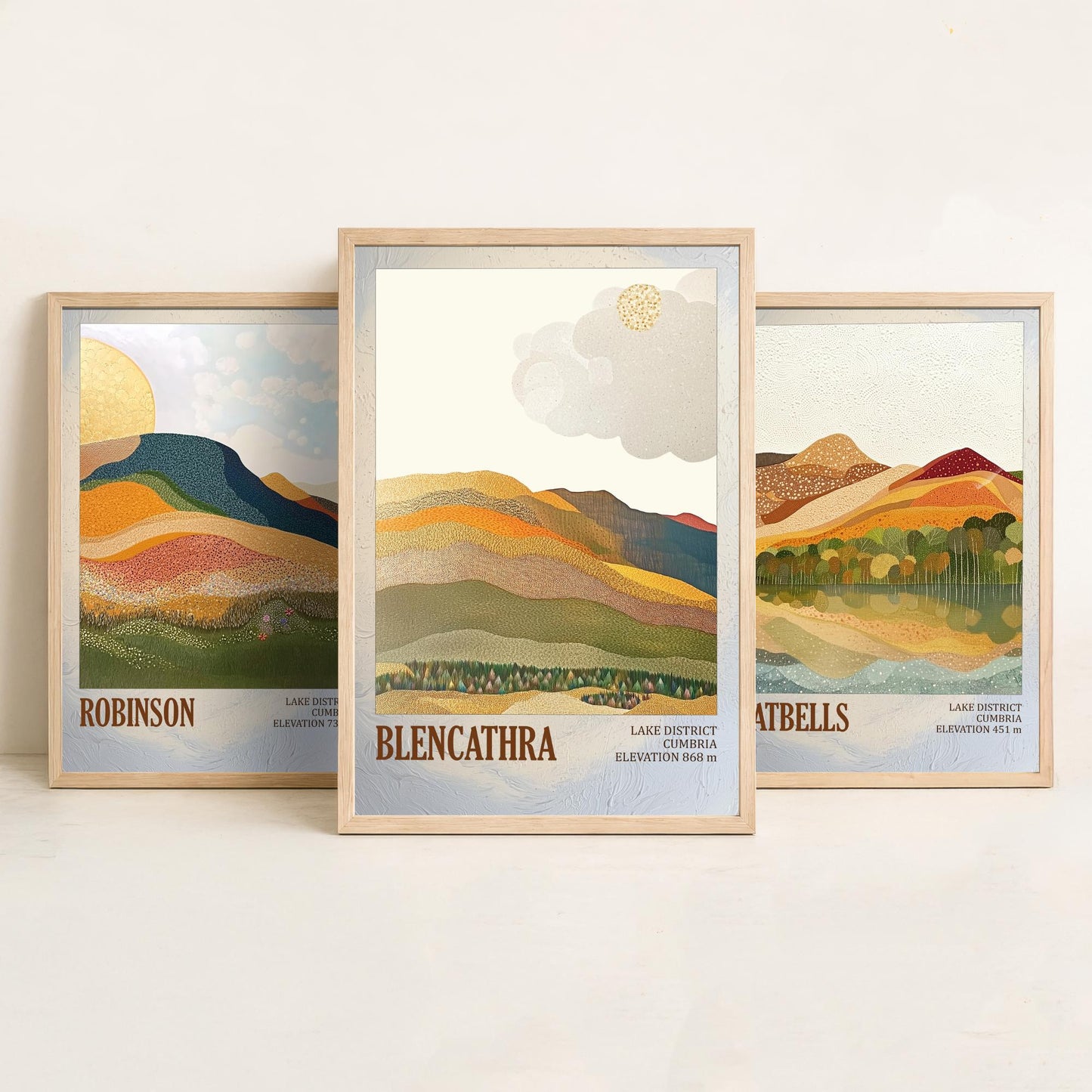 Set of Three Art Prints Lake District Fells - Robinson, Catbells, Blencathra - Cumbria Mountain Poster Illustration Hiker Gift V1