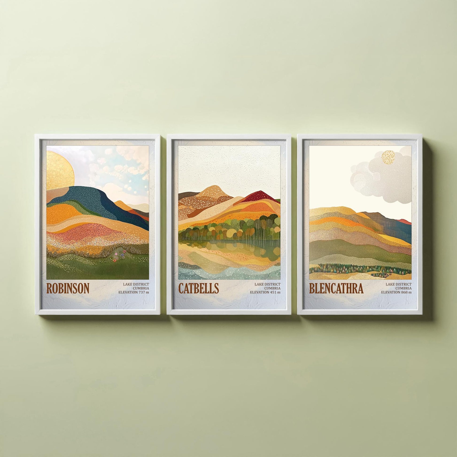 Set of Three Art Prints Lake District Fells - Robinson, Catbells, Blencathra - Cumbria Mountain Poster Illustration Hiker Gift V1