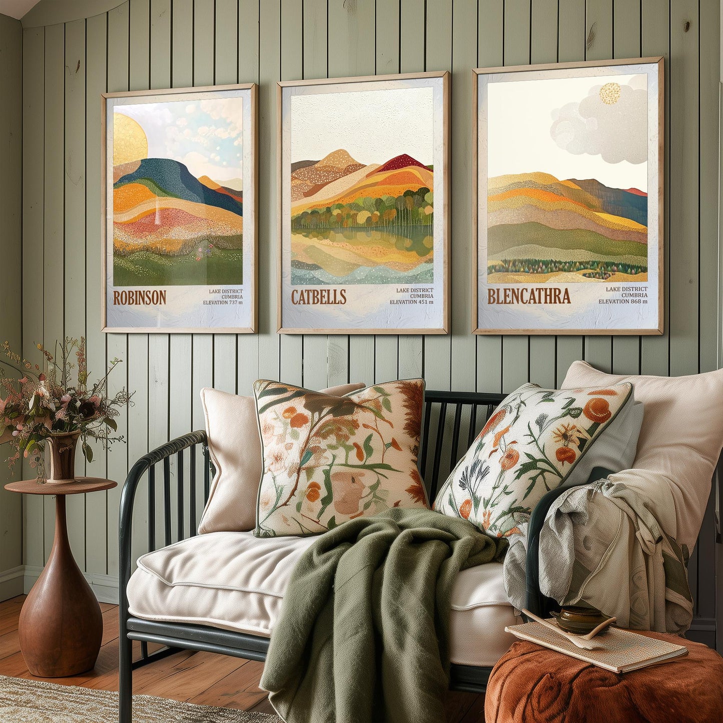 Set of Three Art Prints Lake District Fells - Robinson, Catbells, Blencathra - Cumbria Mountain Poster Illustration Hiker Gift V1