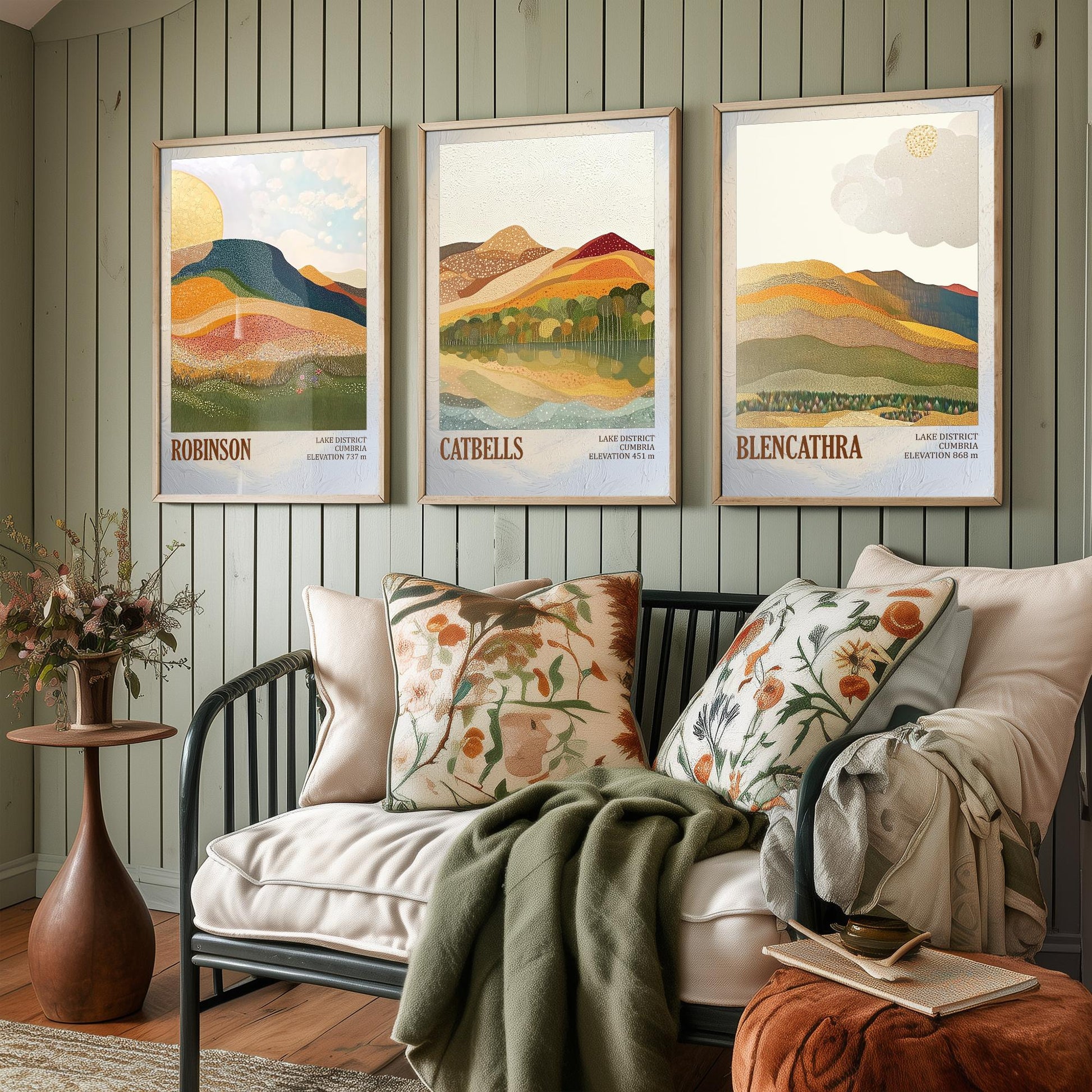 Set of Three Art Prints Lake District Fells - Robinson, Catbells, Blencathra - Cumbria Mountain Poster Illustration Hiker Gift V1