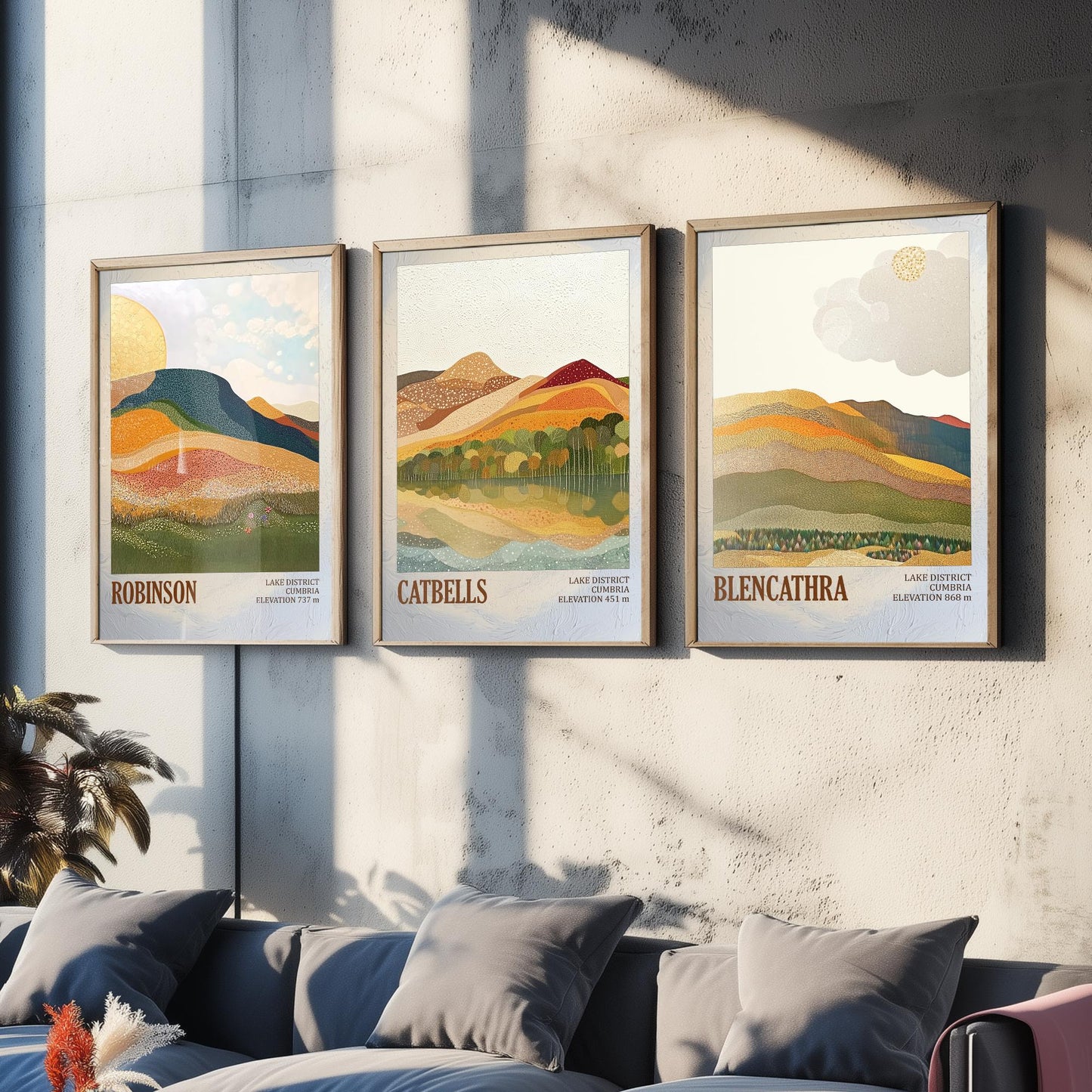 Set of Three Art Prints Lake District Fells - Robinson, Catbells, Blencathra - Cumbria Mountain Poster Illustration Hiker Gift V1