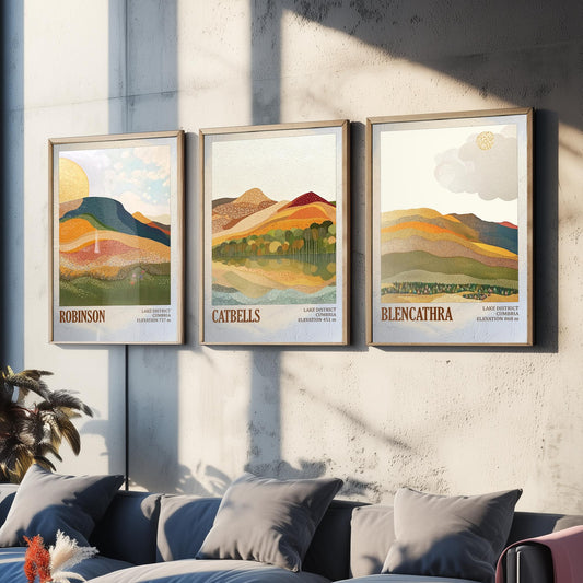 Set of Three Art Prints Lake District Fells - Robinson, Catbells, Blencathra - Cumbria Mountain Poster Illustration Hiker Gift V1