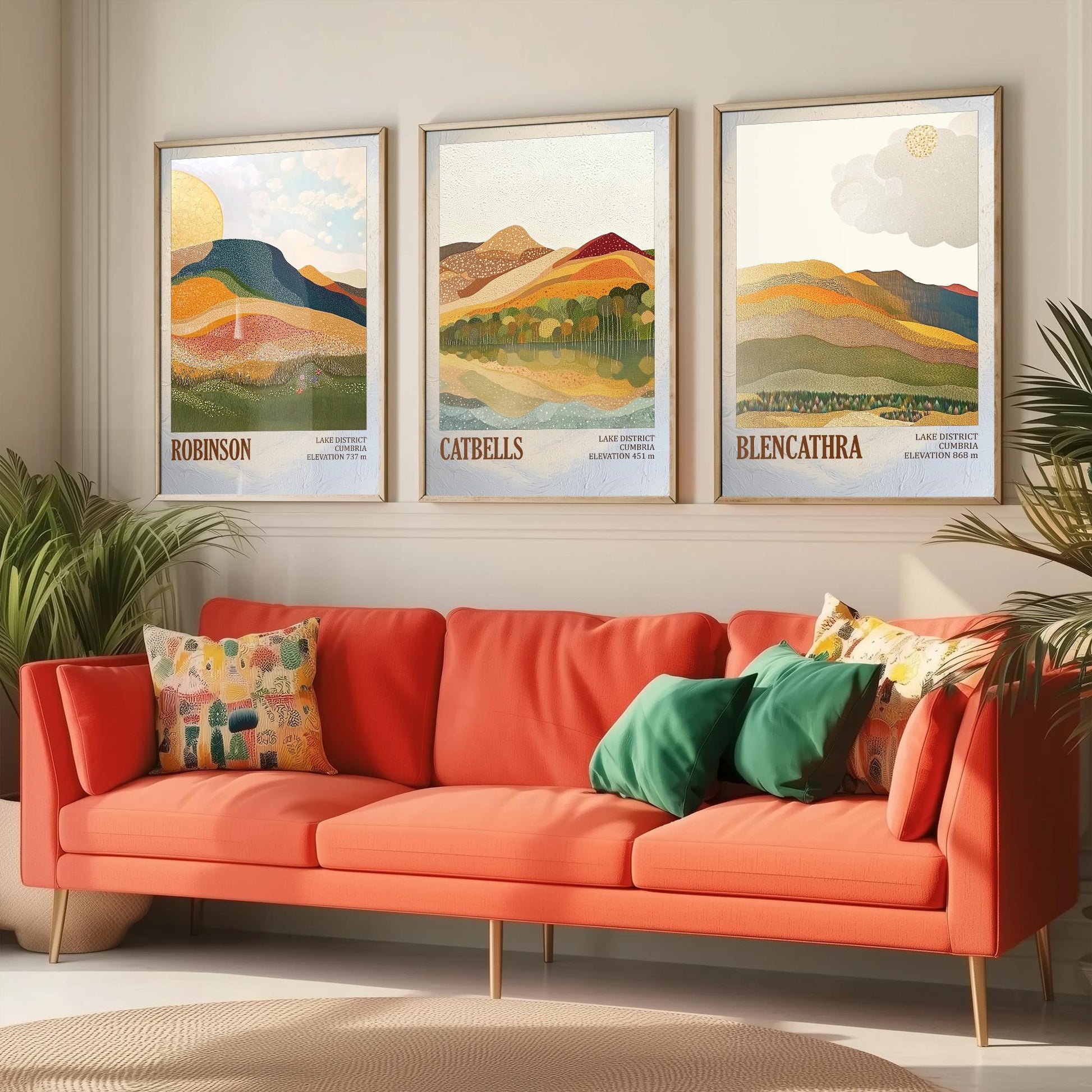 Set of Three Art Prints Lake District Fells - Robinson, Catbells, Blencathra - Cumbria Mountain Poster Illustration Hiker Gift V1