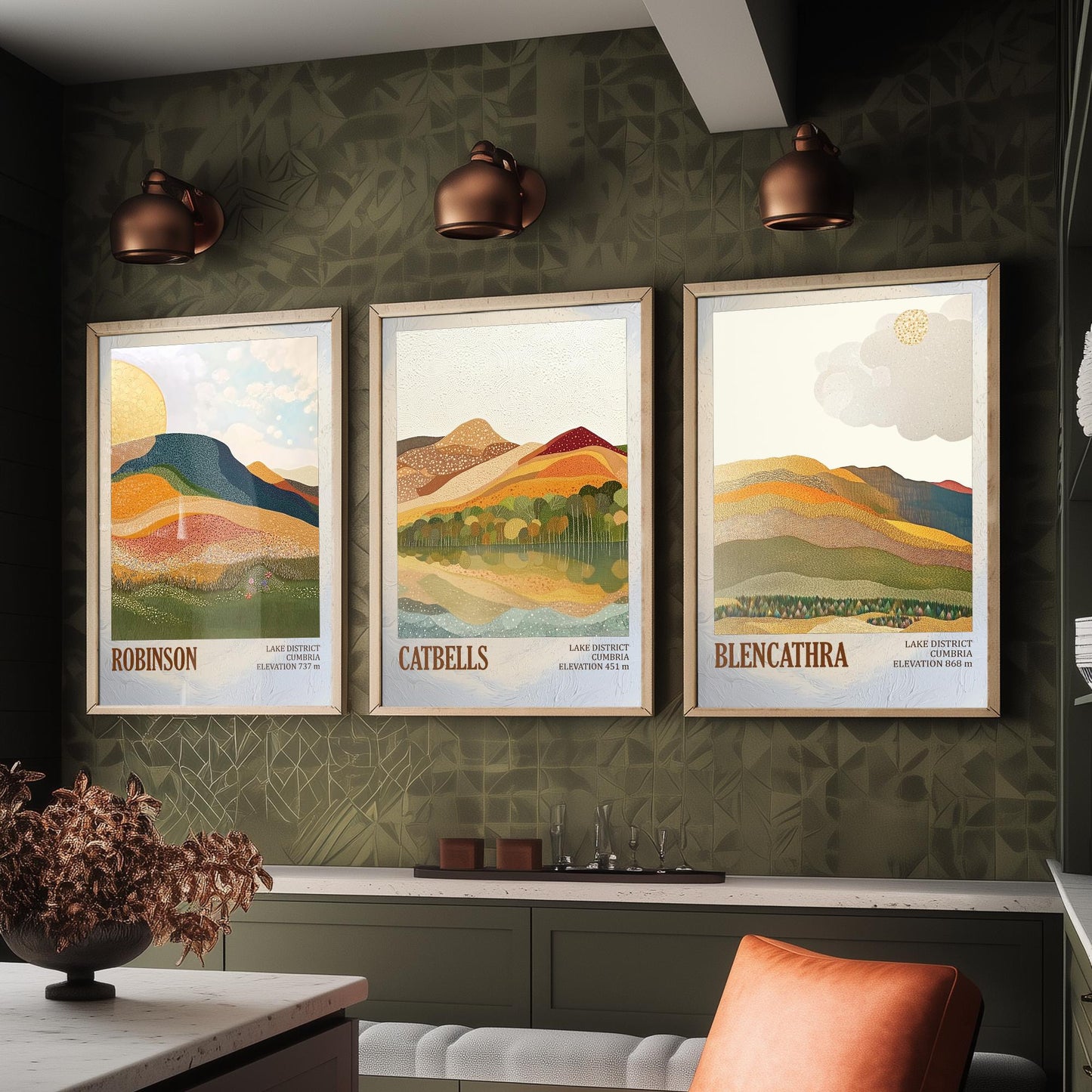 Set of Three Art Prints Lake District Fells - Robinson, Catbells, Blencathra - Cumbria Mountain Poster Illustration Hiker Gift V1