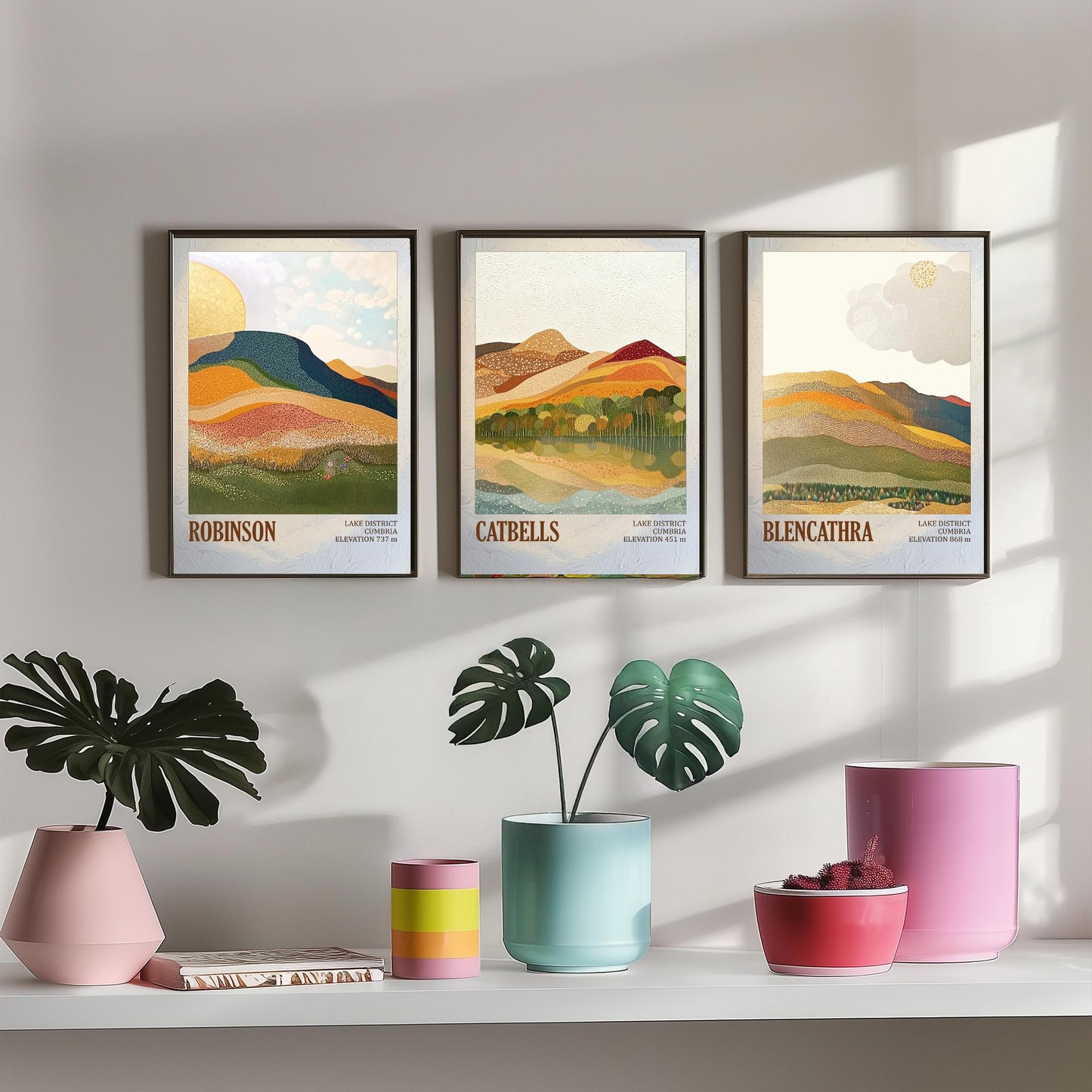 Set of Three Art Prints Lake District Fells - Robinson, Catbells, Blencathra - Cumbria Mountain Poster Illustration Hiker Gift V1