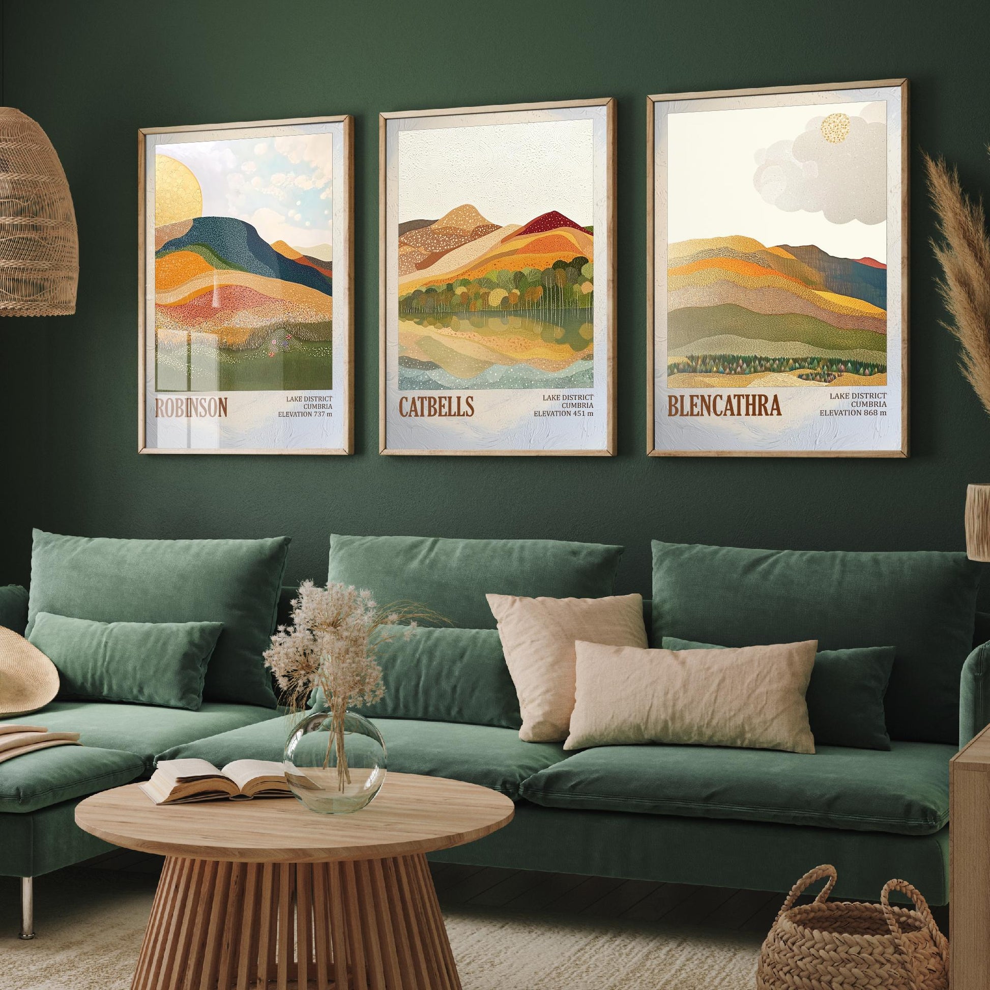 Set of Three Art Prints Lake District Fells - Robinson, Catbells, Blencathra - Cumbria Mountain Poster Illustration Hiker Gift V1