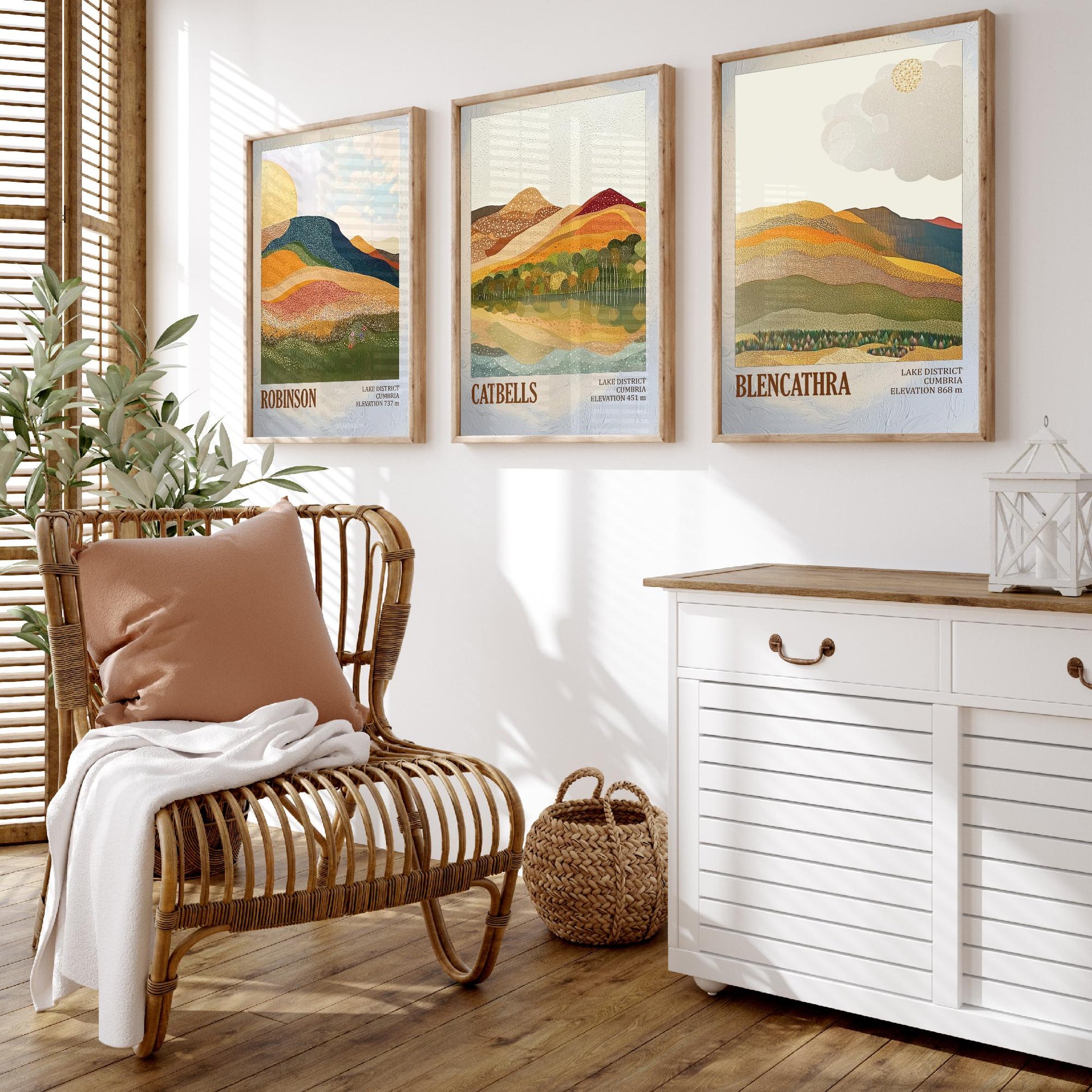 Set of Three Art Prints Lake District Fells - Robinson, Catbells, Blencathra - Cumbria Mountain Poster Illustration Hiker Gift V1